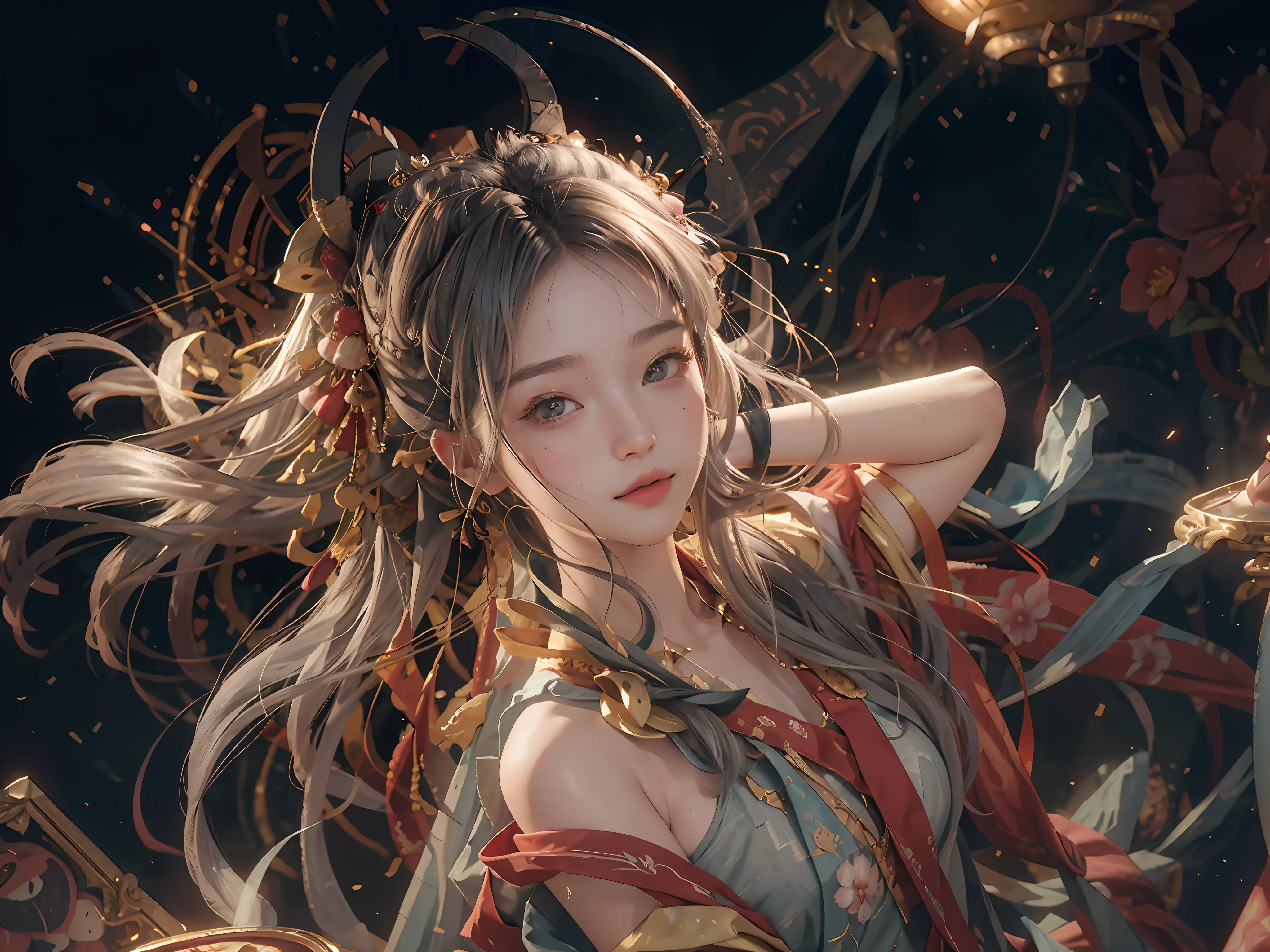 (RAW Photo, Best Quality), (Realistic, Photorealistic Real: 1.3), Best Quality, Highly Detailed, Masterpiece, Ultra Detailed, Illustration, 1 Girl, upper_body, Dynamic Angle, World Mastery Theater, messy_long_hair, Best Quality, Extremely Detailed CG Uniform 8k Wallpaper, Ink, Amazing, Sexy, Peach Blossom Eyes, Gray Hair, Smile, Movie Lights, lens_flare, dunhuang_style