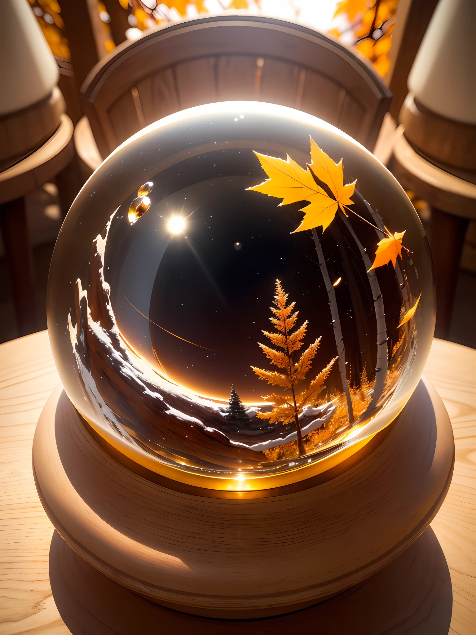 Ultra-realistic, 16K high resolution, (Max Sharp Focus: 1.3), (Max Close-up: 0.5), (Maple trapped in a crystal perfect ball with pedestal on table: 1.7), (Birch grove, backlit, snow, autumn leaves: 1.3)