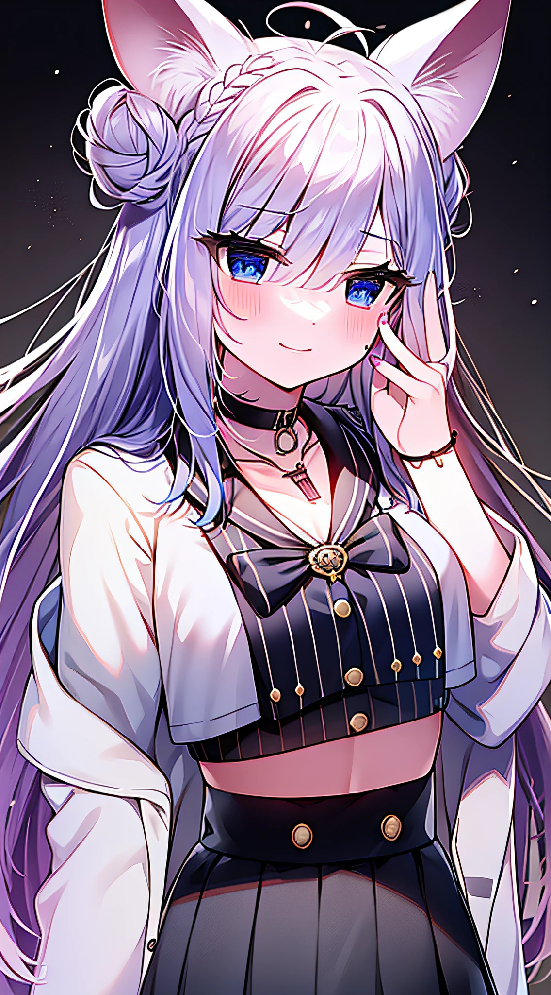 1girl, animal ear hair, animal ears, antenna hair, bangs, black choker, black skirt, blue eyes, blush, braid, braided bun, chest, choker, shut up, collar shirt, crop top, cropped shirt, crown braid, double buns, bun, headdress, hakui koyori, labcoat, long hair, long sleeves, looking at the audience, midriff, nail polish, nail button, tie, pink hair, pink nails, pink tie, pocket watch, purple eyes, shirt, skirt, smile, solo, upper body, white shirt, wolf ears, super, super detailed, illustrations