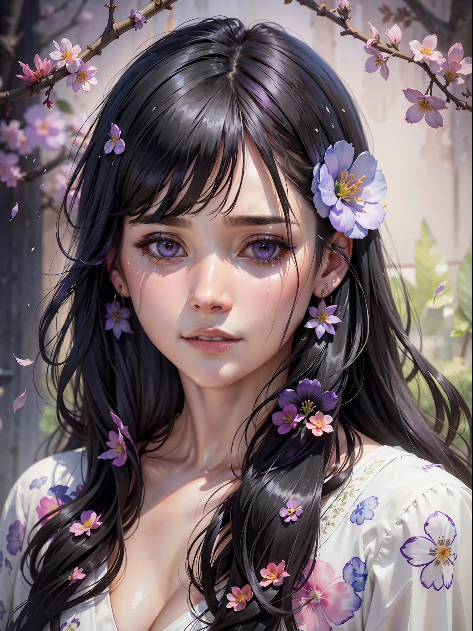 (Watercolor: 1.3), (Watercolor), Ink, A Girl, Solo, Flowers, Portrait, Leaves, Bangs, Black Hair, Long Hair, Purple Eyes, Flower Earrings, (Crying) 4K Resolution, High Resolution, Ultra High Resolution, Epic Shooting, Detailed, Accurate, Detailed, (Masterpiece)