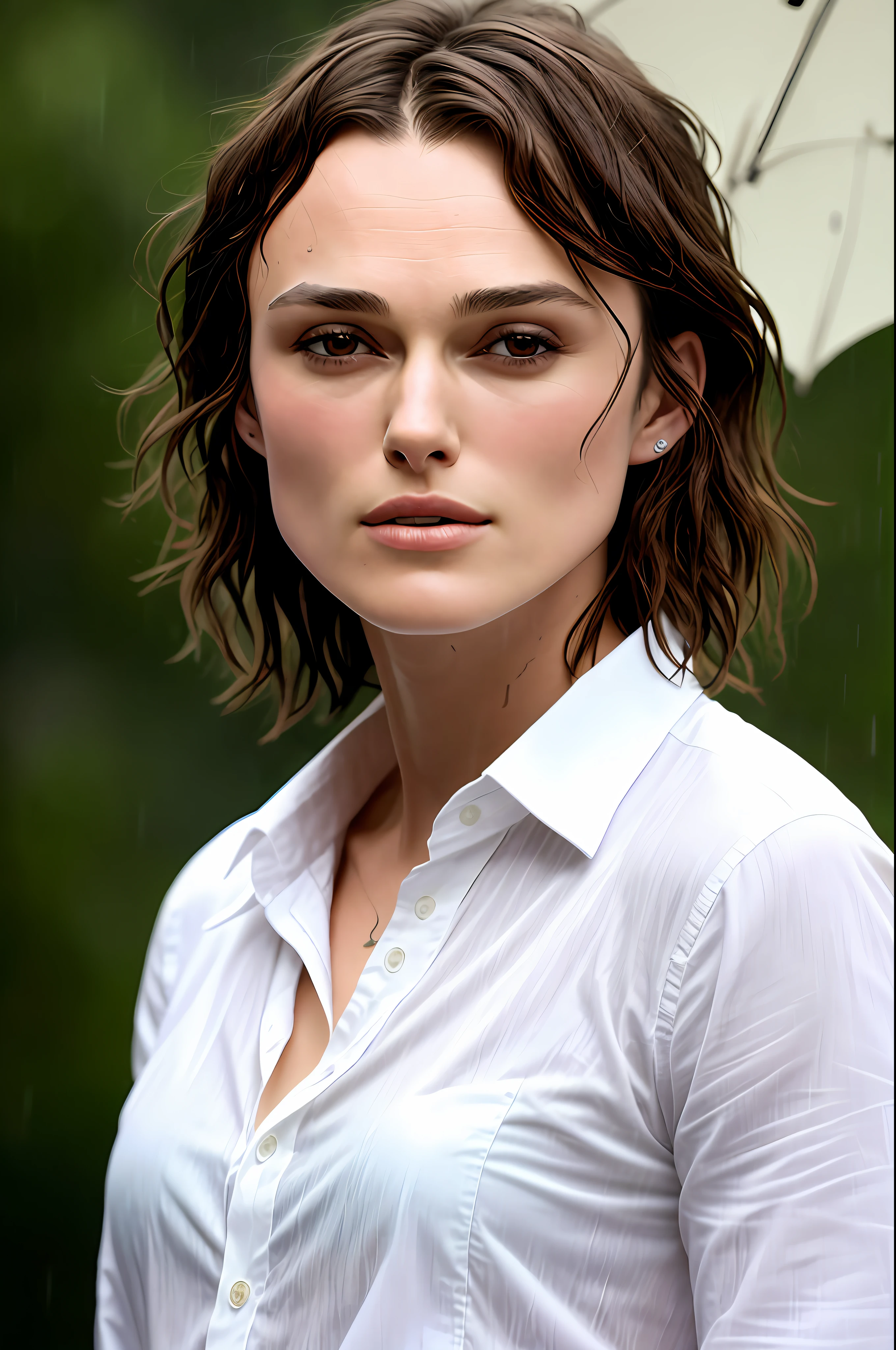 Keira Knightley, white shirt, unbuttoned, clean face, no makeup, natura, wet, rain, portrait, 50 mm