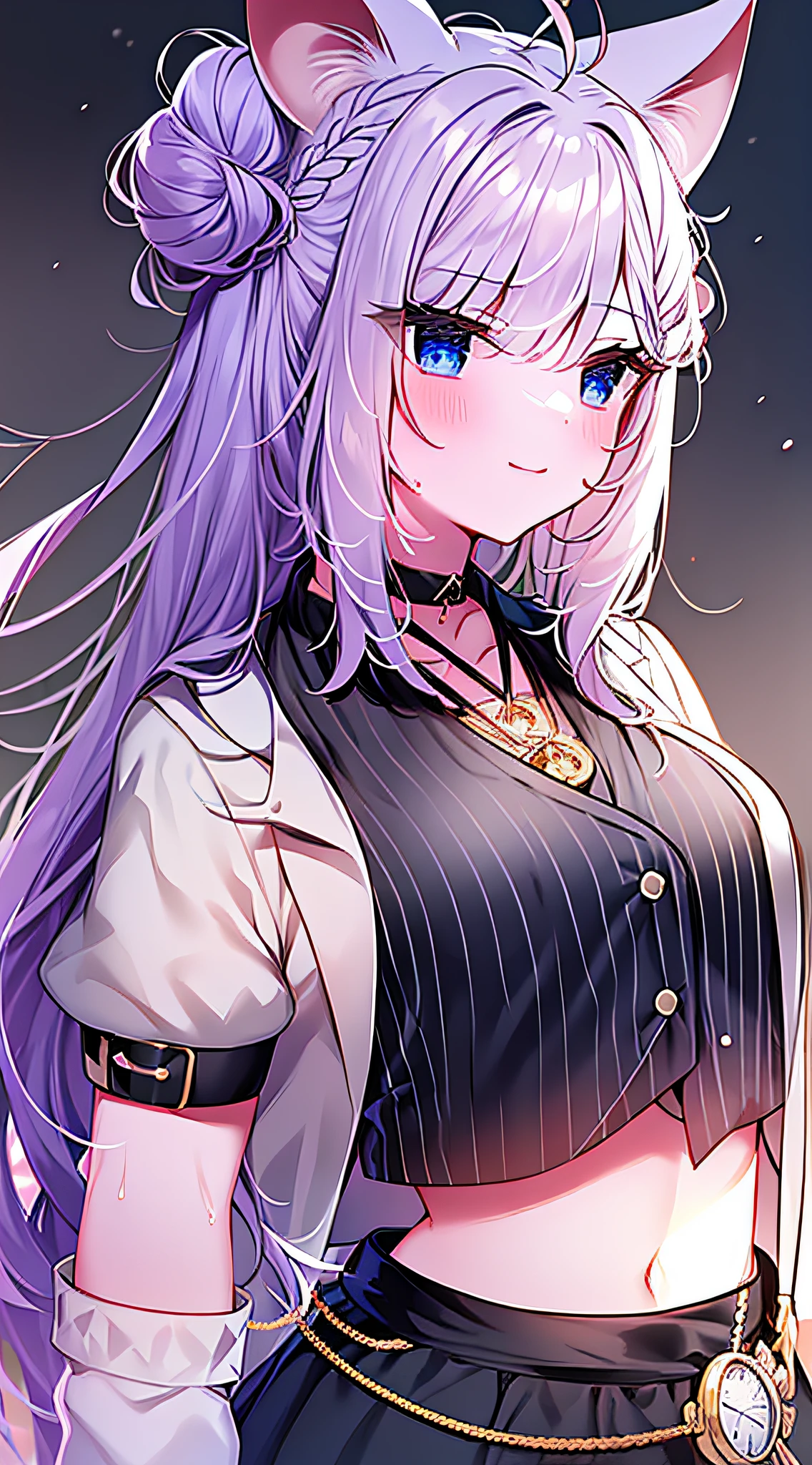 1girl, animal ear hair, animal ears, antenna hair, bangs, black choker, black skirt, blue eyes, blush, braid, braided bun, chest, choker, shut up, collar shirt, crop top, cropped shirt, crown braid, double buns, bun, headdress, hakui koyori, labcoat, long hair, long sleeves, looking at the audience, midriff, nail polish, nail button, tie, pink hair, pink nails, pink tie, pocket watch, purple eyes, shirt, skirt, smile, solo, upper body, white shirt, wolf ears, super, super detailed, illustrations