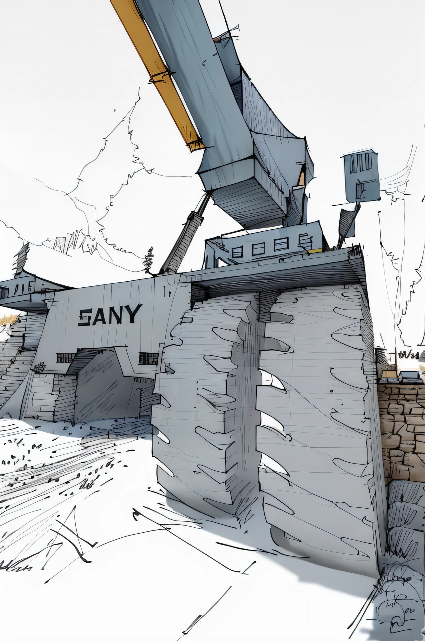 linear, gray, white background, simple background, sketch, sketch, pen_sketch_style, there is a large bulldozer, a cab that is parked in front of the truck, lifts the container, loading, heavy machinery, large shovel, mining scrap metal, gravel, hard work, massive construction machines