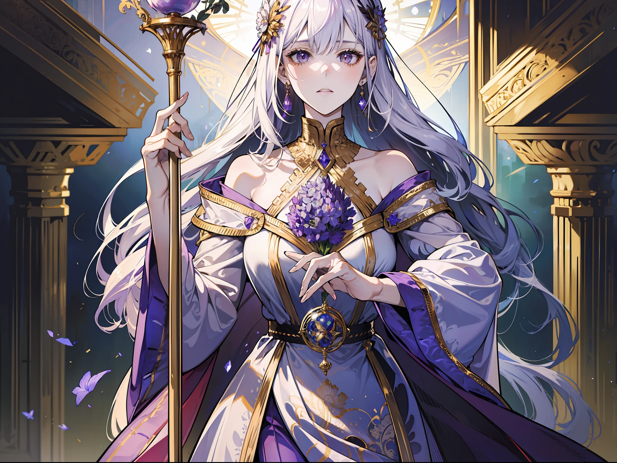 (absurd, high resolution), (panorama), a woman, mature, beautiful, tall, queen's dress, lilac complex dressed, exquisite, brown eyes, pale blonde hair, silver crown on her head, irritated, serious, in the palace, resplendent, magical, antique, holding a long golden delicate wand, vista, full body