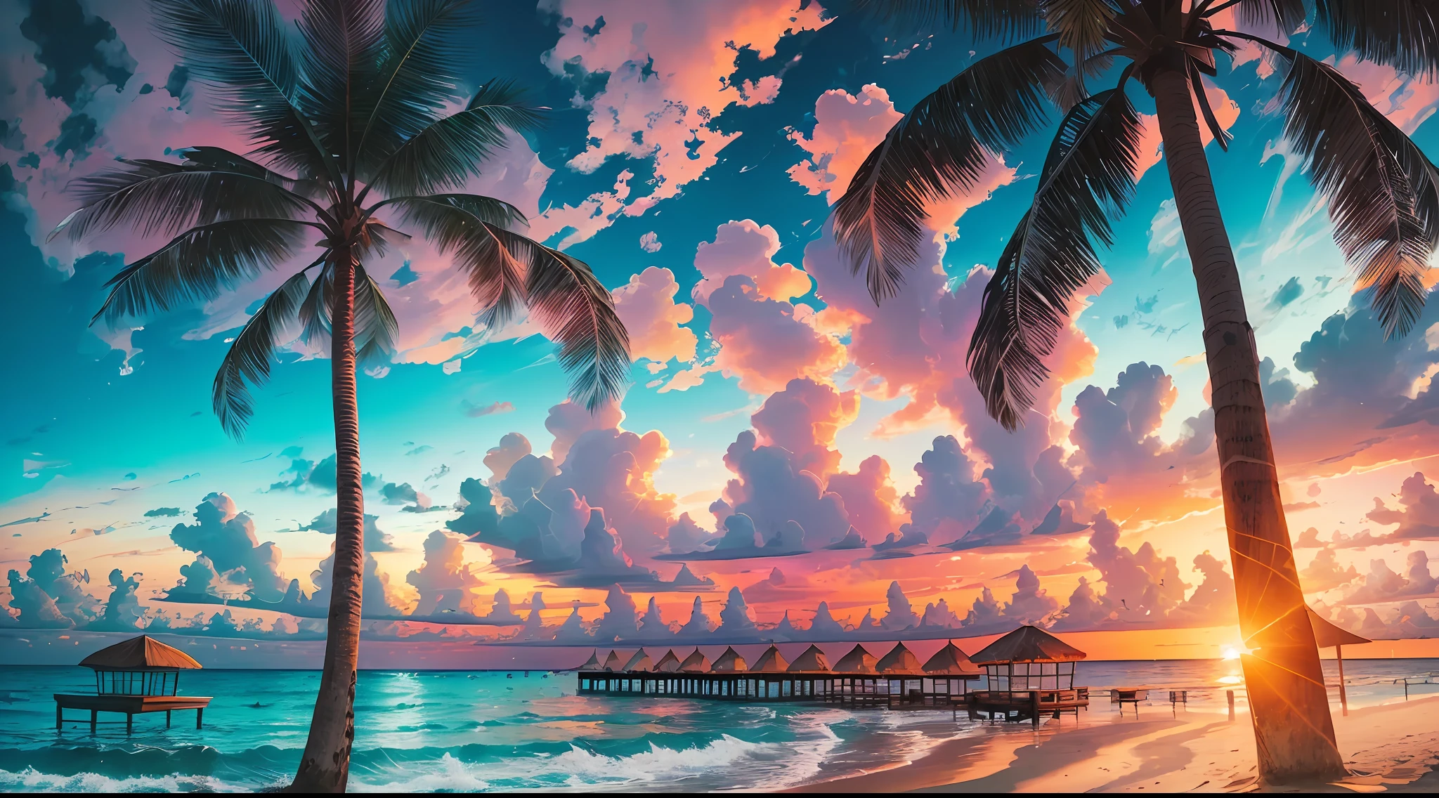 An absolutely mesmerizing sunset over the beach, with a blend of oranges, pinks, and yellows filling the sky. Crystal-clear waters of the sea gently kissing the shore, with sandy white beach stretching far and wide. The scene is dynamic and breathtaking, with seagulls soaring high in the sky and gently swaying palm trees. Take in the calming atmosphere and let the peacefulness wash over you. --auto --s2