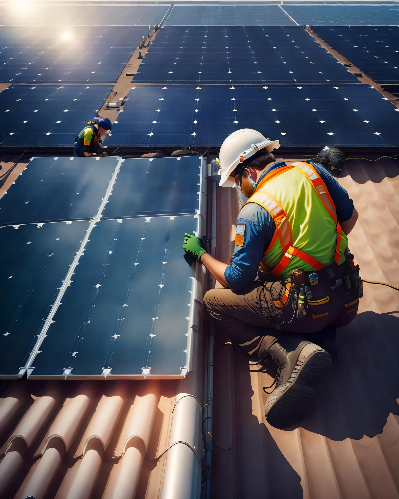 ultra realistic photo Installing a Solar Cell on a Roof. Solar panels on roof. Workers installing solar cell farm power plant eco technology.