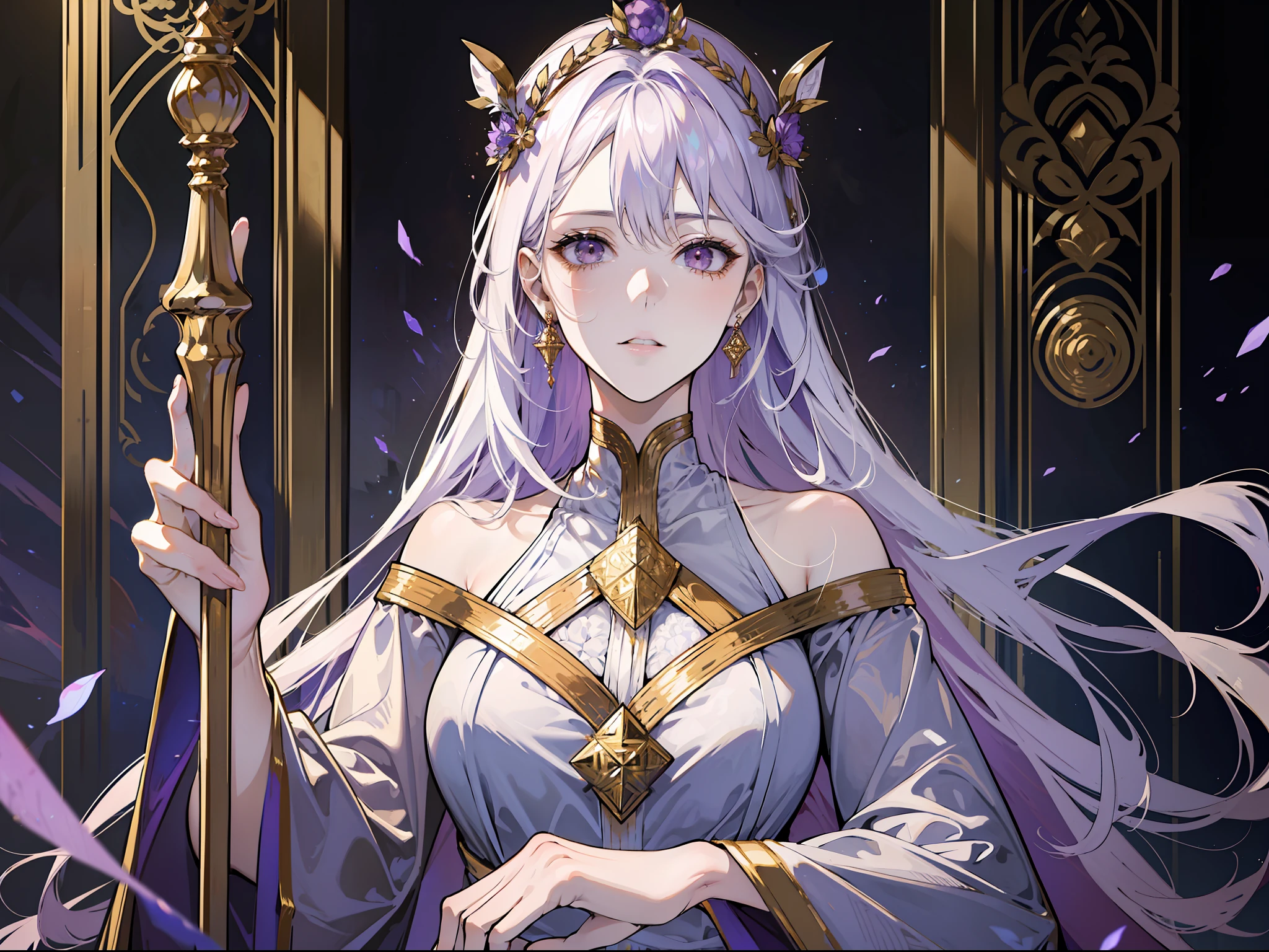 (absurd, high resolution), (panorama), a woman, mature, beautiful, tall, queen's dress, lilac complex dressed, exquisite, brown eyes, pale blonde hair, silver crown on her head, irritated, serious, in the palace, resplendent, magical, antique, holding a long golden delicate wand, vista, full body