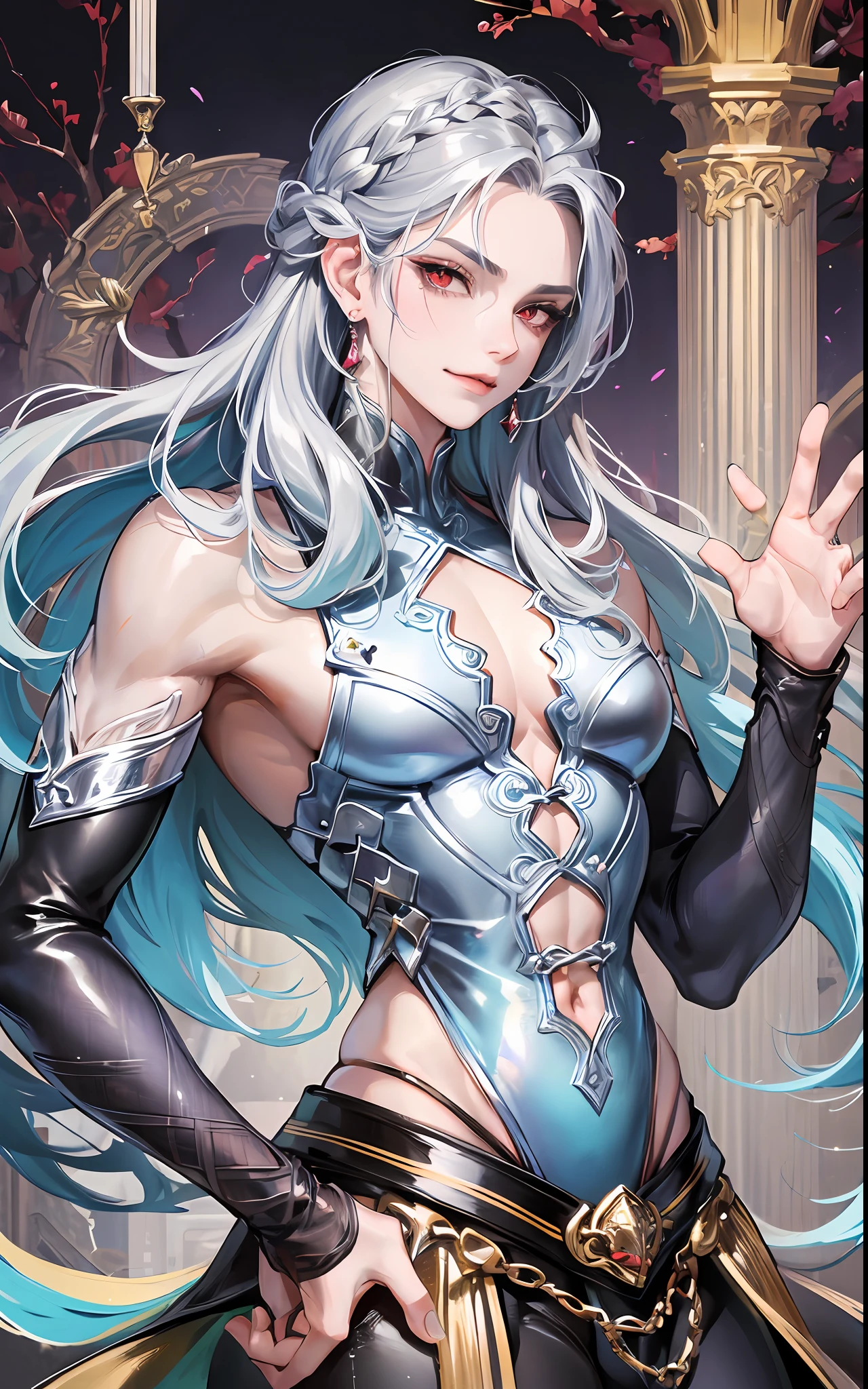 man, masculine, masculine face, attractive, muscular, ((1man)), masterpiece, absurdres, best quality ,intricate details , (shiny skin, shiny body, shiny oily luster skin, shiny hair, pale skintone), Sundown, attractive, ((muscular)), adult, one, medieval clothes, earrings, black pants, Don't look at the view , Not looking at the view, silver hair, braided hair, perfect detailed face, perfect detailed hands, mermaid fins, red eyes, mermaid ears, ((MLS)), smirk, medium large shoot