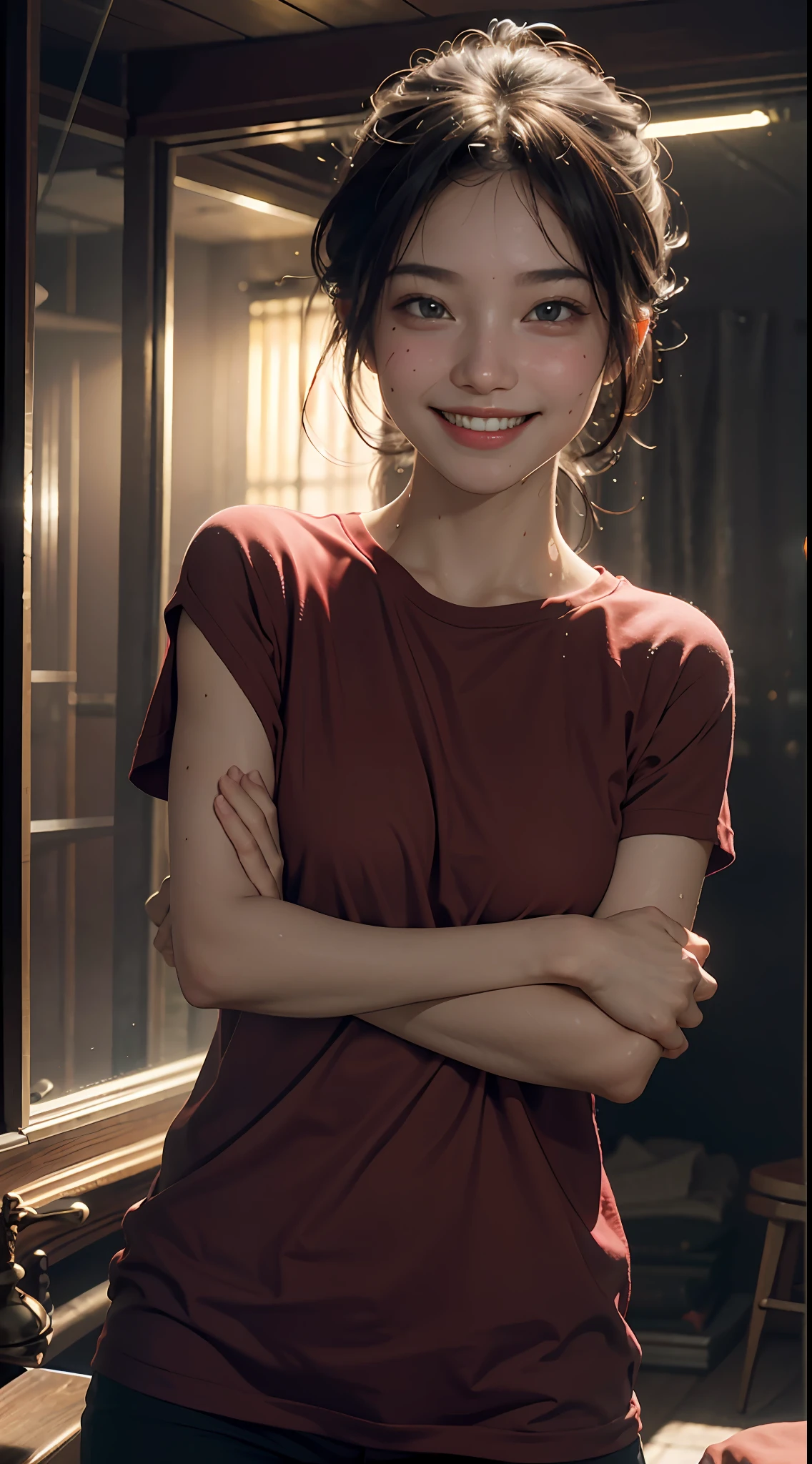 Top quality, masterpiece, ultra high definition, (Reality: 1.4), Original photo, 1Girl, cinematic lighting, smile, bright, photo-like, sweaty, face red, pose to take photo