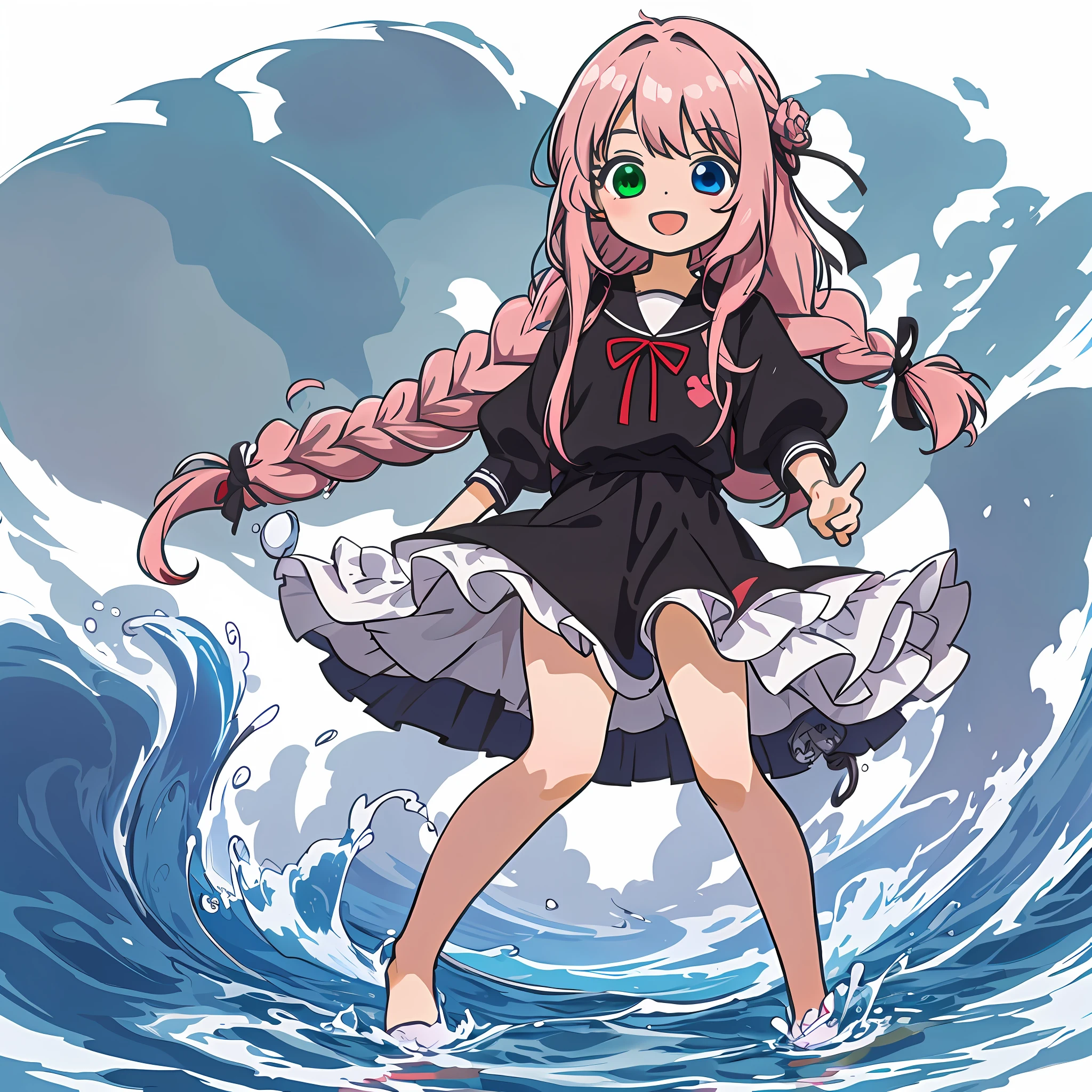 One girl, (heterochromia, blue and green eyes: 1.8), shining eyes, round pupils, (illustration: 1.1), (chibi: 0.5), holding a water bottle, ((Masterpiece, Super Detail, Best Quality, 8K, Kyoto Animation Animation Illustration)), (Caregiver, 1 Cute Girl, Big, Solo, Upright, Peace, Watch Viewer, Full Body, Front, Cute Open Mouth, Happy Smile: 1.3), (: 1.2), (cute: 1.5), black slacks, red short-sleeved shirt, (pale pink hair, braid, long hair, cute ribbon: 1.1), thin eyebrows,