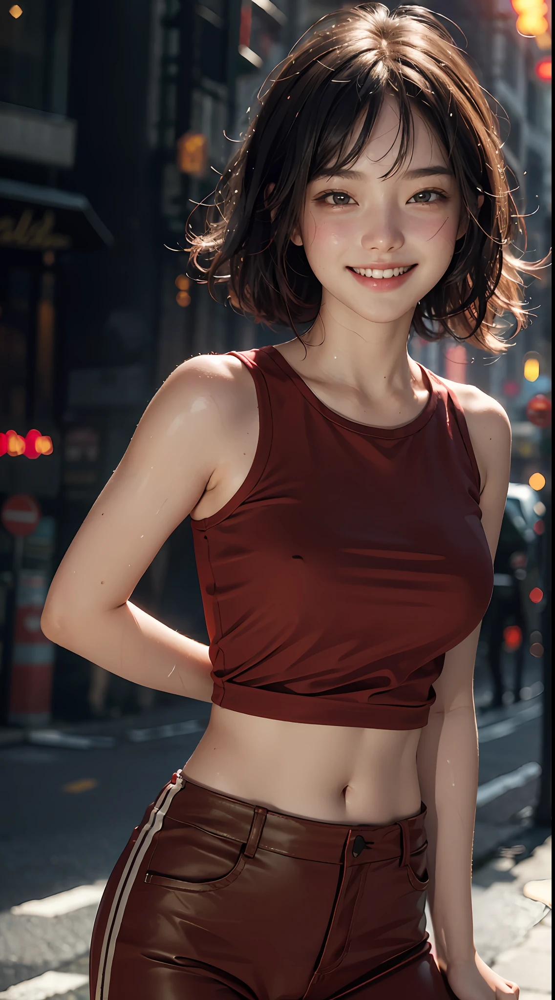 Top quality, masterpiece, ultra high definition, (Reality: 1.4), Original photo, 1Girl, cinematic lighting, smile, bright, photo-like, sweaty, face red, pose to take photo