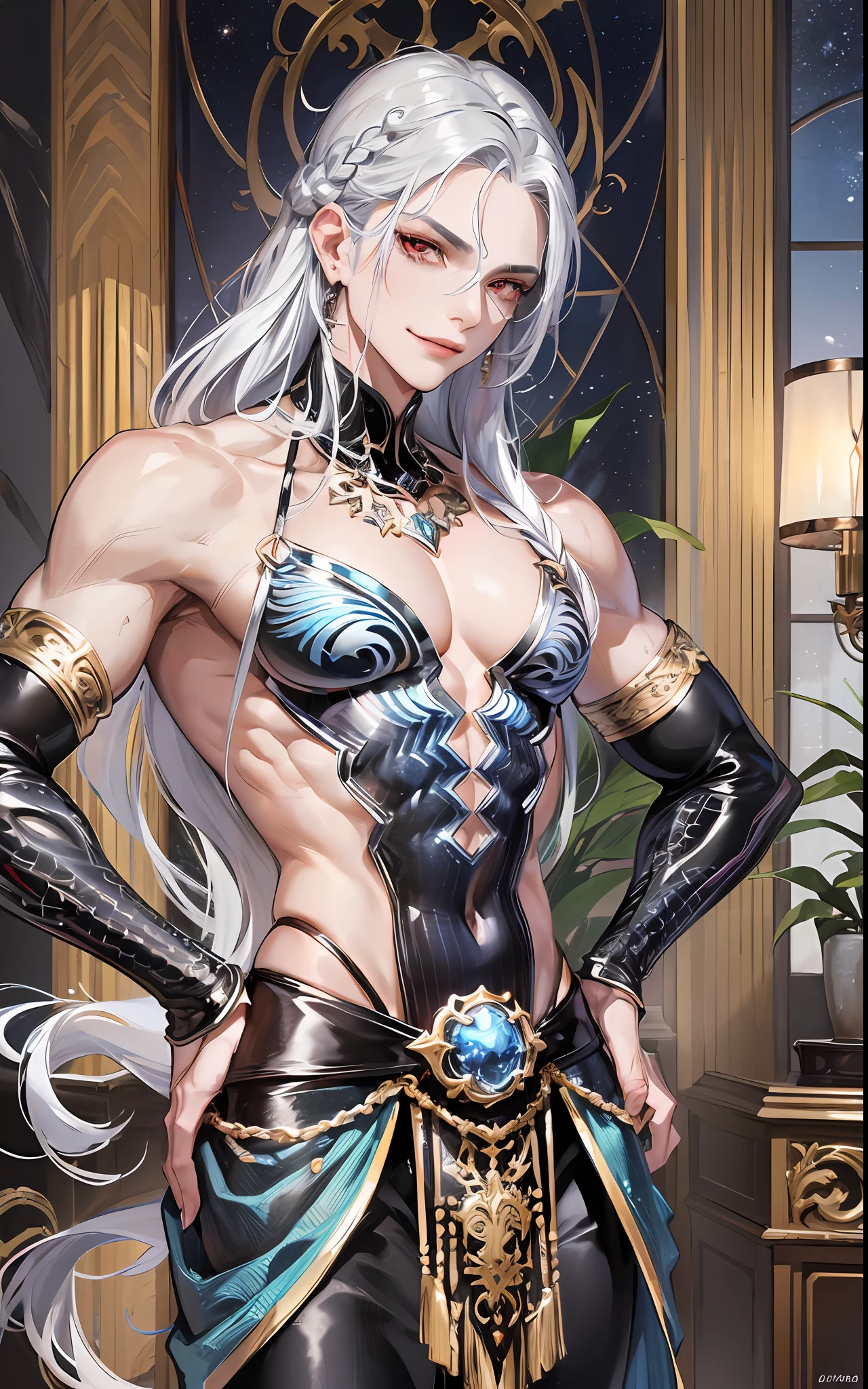man, masculine, masculine face, attractive, muscular, ((1man)), masterpiece, absurdres, best quality ,intricate details , (shiny skin, shiny body, shiny oily luster skin, shiny hair, pale skintone), Sundown, attractive, ((muscular)), adult, one, medieval clothes, earrings, black pants, Don't look at the view , Not looking at the view, silver hair, braided hair, perfect detailed face, perfect detailed hands, mermaid fins, red eyes, mermaid ears, ((MLS)), smirk, medium large shoot
