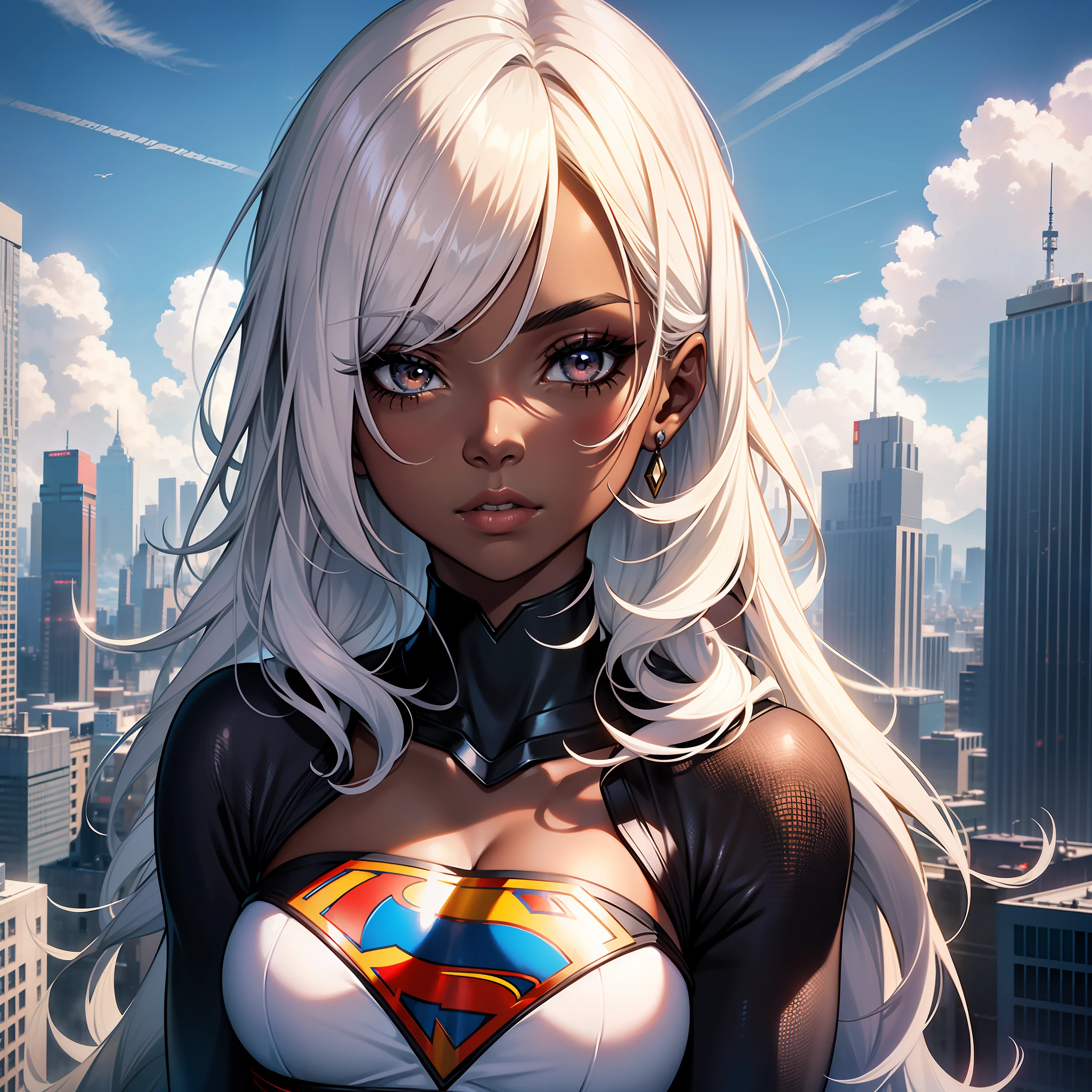 (a young woman:1.2)| (a girl:1.1), black skin, portrait, makeup, super detailed, supergirl style, top of a building overlooking the city and sky with clouds, direct look, contoured.