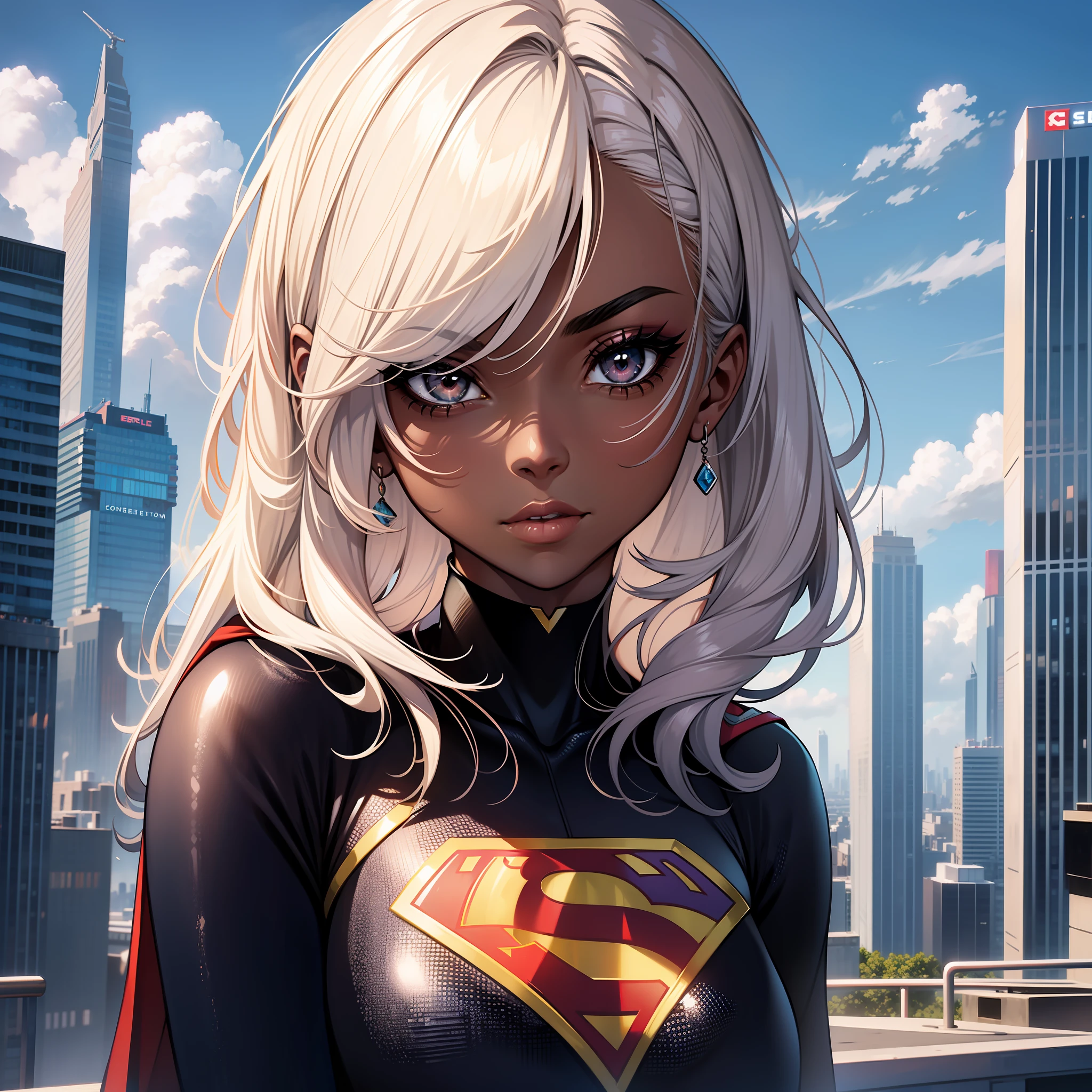 (a young woman:1.2)| (a girl:1.1), black skin, portrait, makeup, super detailed, supergirl style, top of a building overlooking the city and sky with clouds, direct look, contoured.