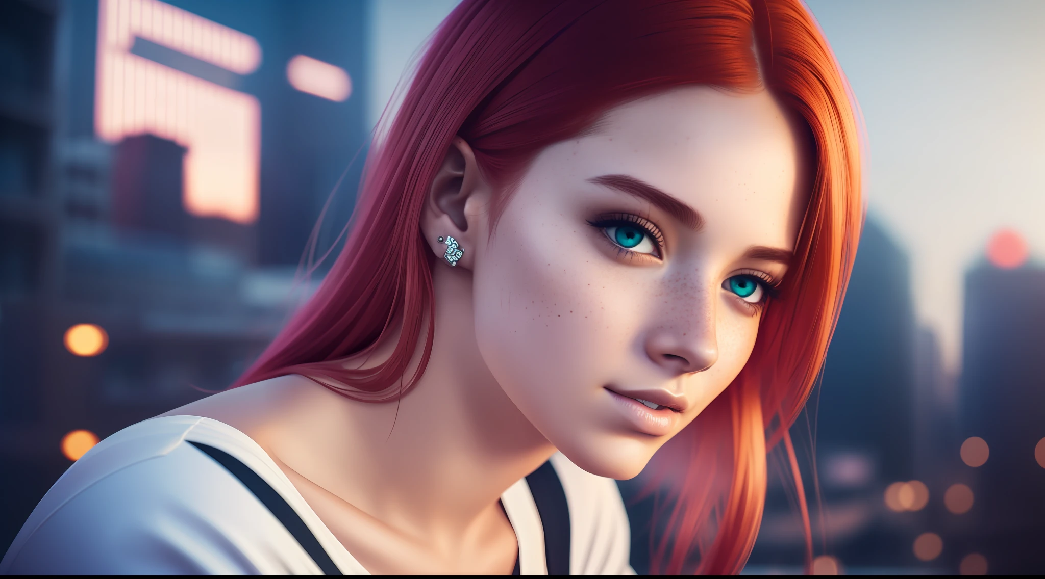 award-winning photo from waist up, portrait of a girl, redhead, freckles is sitting on a balcony, cyberpunk white shirt with V-neckline,  visible through white T-shirt, slate atmosphere, cinematic, faded colors, dark shot, no sound colors, grainy film, insane details, intricate details, hyperdetailed, close-up, twilight, cyberpunk city background