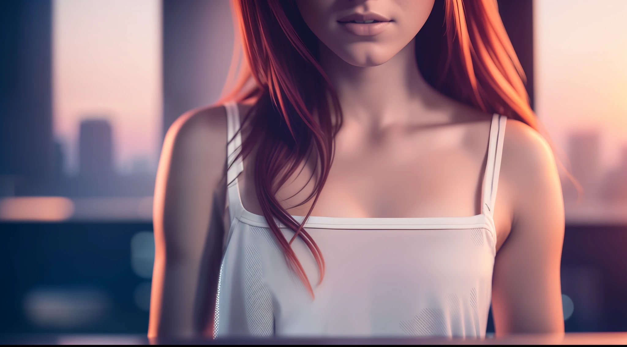 award-winning photo from waist up, portrait of a girl, redhead, freckles is sitting on a balcony, cyberpunk white shirt with V-neckline, breast visible through white T-shirt, slate atmosphere, cinematic, faded colors, dark shot, no sound colors, grainy film, insane details, intricate details, hyperdetailed, close-up, twilight, cyberpunk city background