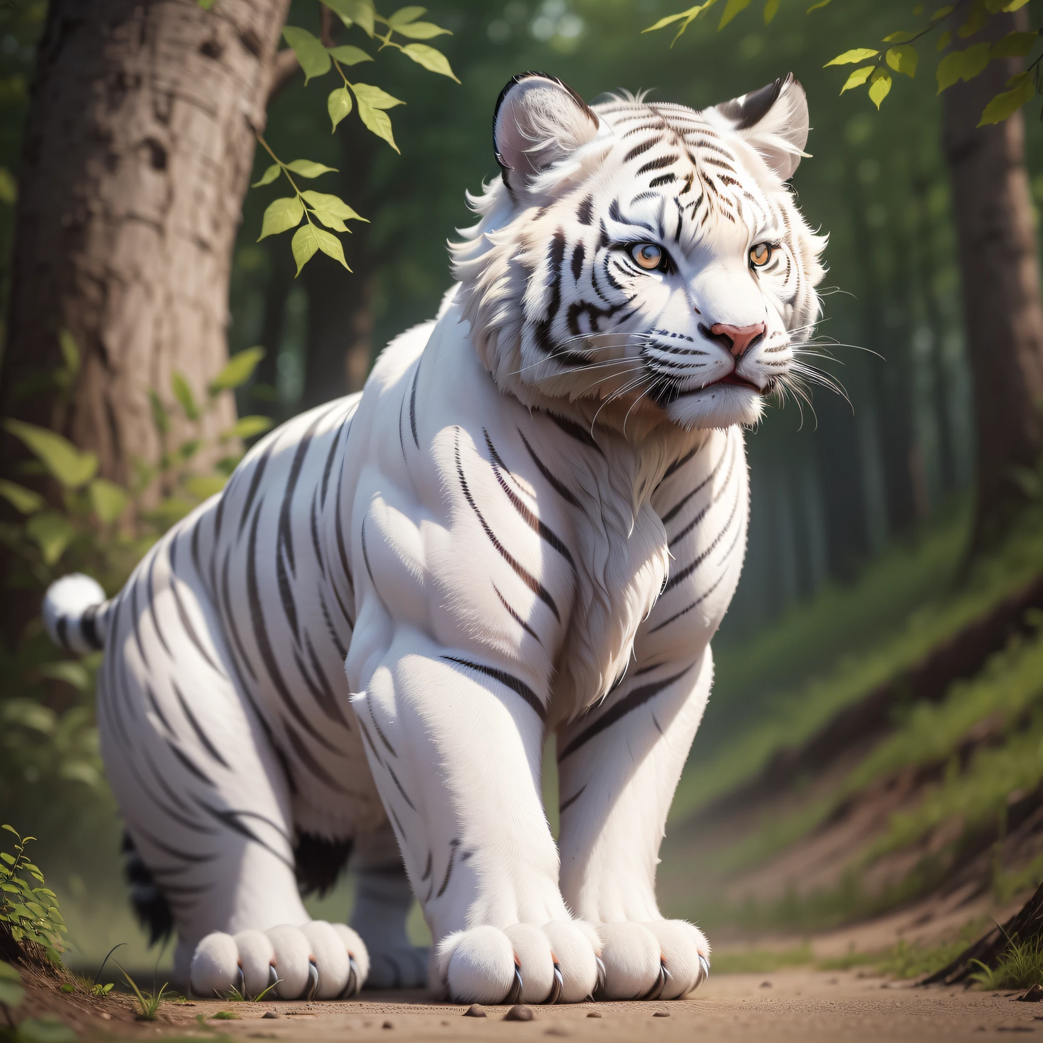 White cute fluffy tiger, (extremely detailed, flawless world,8k, realistic),(hunting posture)