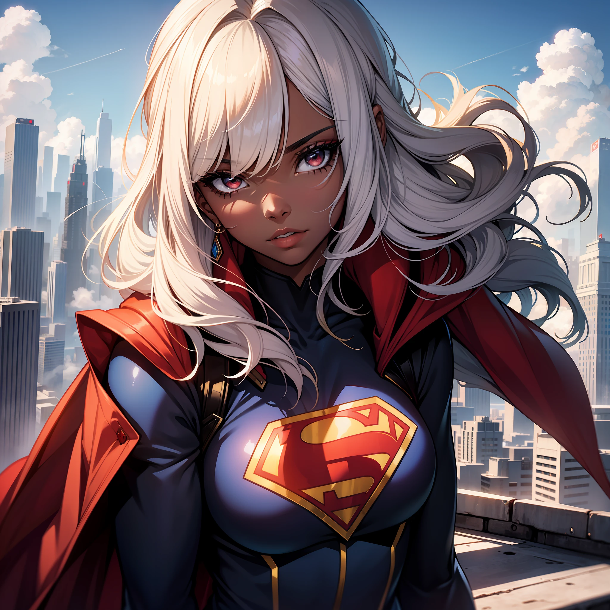 (a young woman:1.2)| (a girl:1.1), black skin, portrait, makeup, super detailed, supergirl uniform style red cape, top of a building overlooking the city and sky with clouds, direct look, contoured.