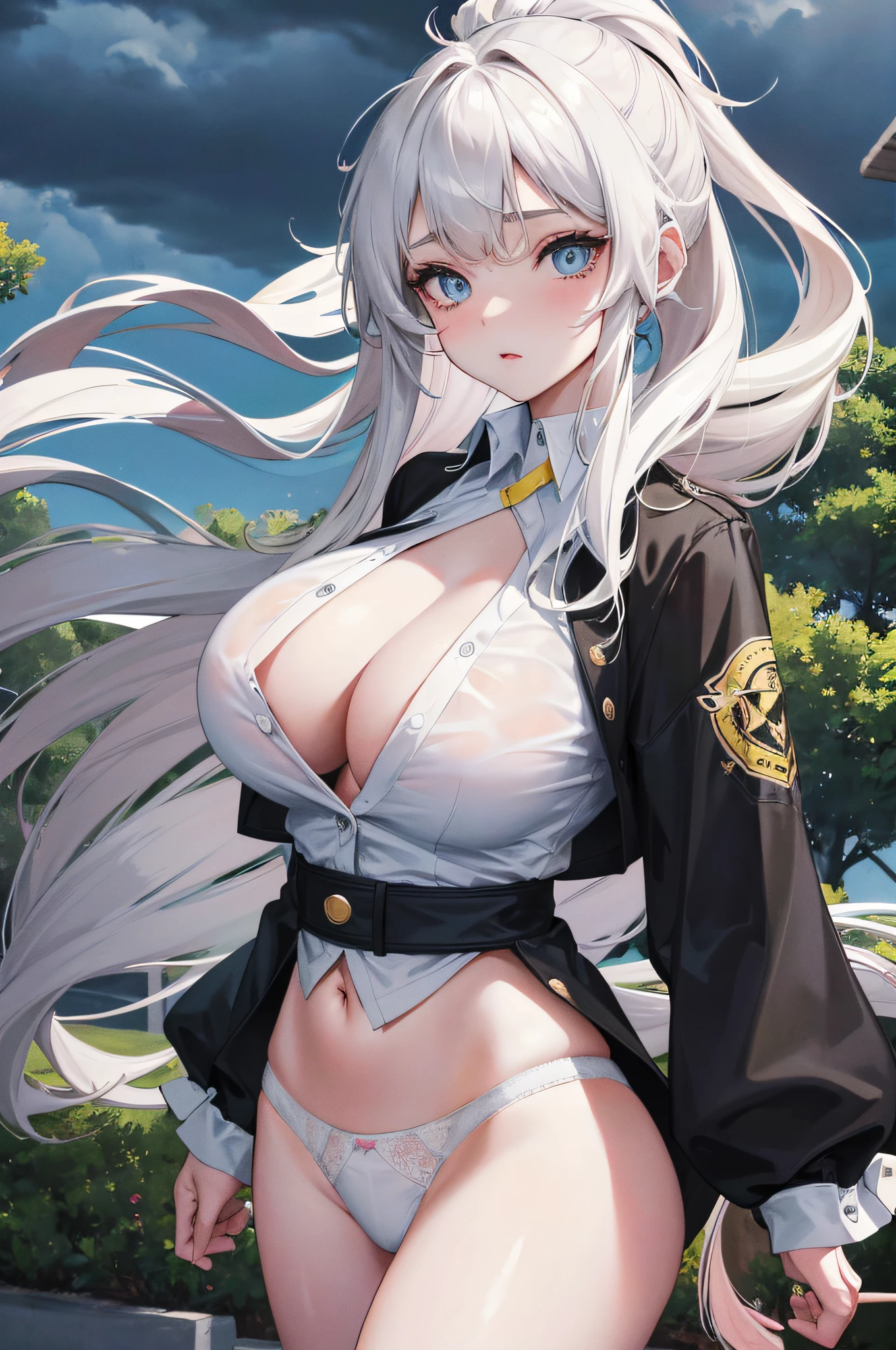 Beautiful girl, slender long hair, big round eyes and slightly fat round face, super detailed, beautiful girl, stormy weather, filled with dark clouds, beautiful girl, pitiful, slender, (big breasts and big buttocks,) (white inch shirt), inch shirt without buttons (yellow underwear), no other clothes, sexy figure, ponytail architecture, flowers and trees, bright blue eyes, pink skin