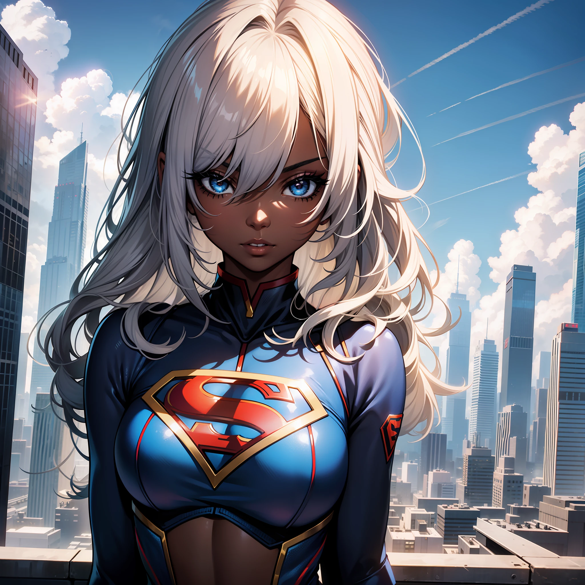(a young woman:1.2)| (a girl:1.1), black skin, portrait, makeup, super detailed, supergirl style, top of a building overlooking the city and sky with clouds, direct look, contoured.