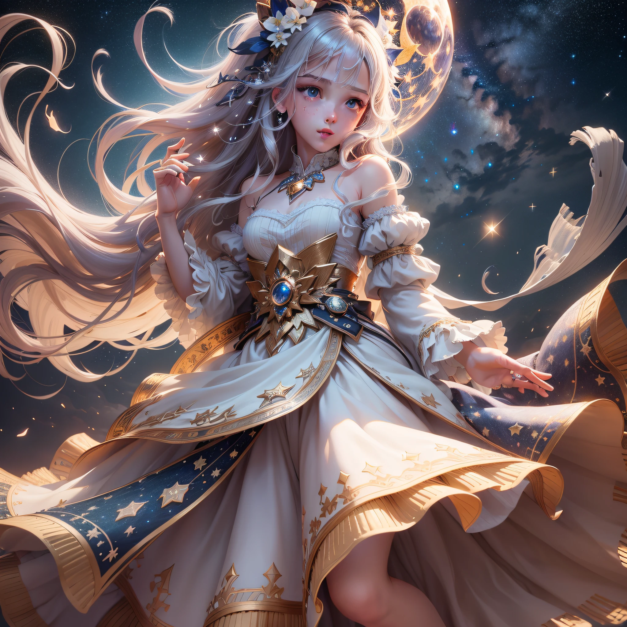 (extremely detailed CG unity 8k,masterpiece, best quality, ultra-detailed),(best illumination, best shadow, an extremely delicate and beautiful),starry night sky with full moon,shooting stars/constellations,(1girl),long hair blowing in the wind, white dress,floating on a cloud, magical and dreamy atmosphere.