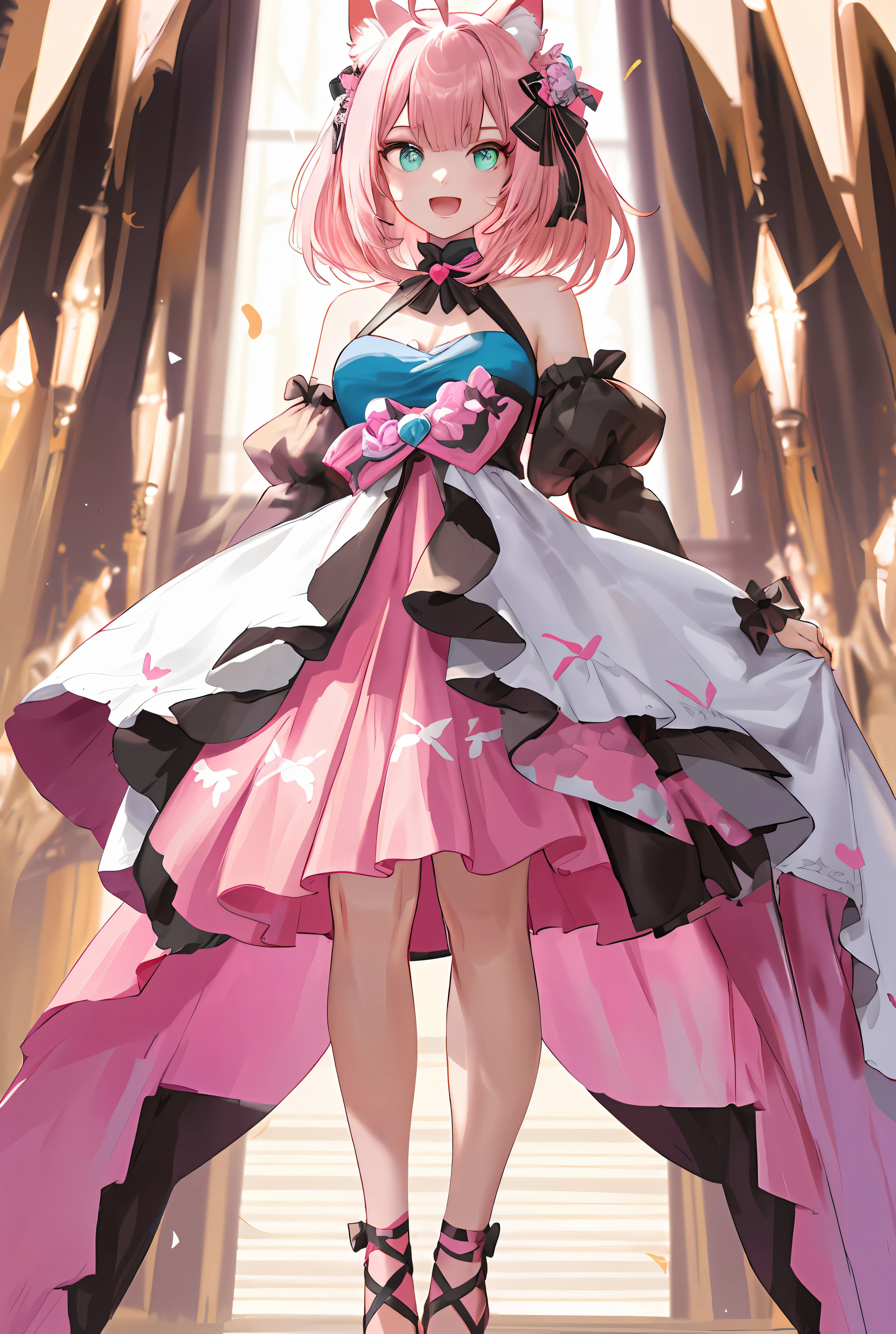 1 girl, animal ears, virtual VTuber, dress, blue dress, solo, cat ears, (Blue eyes: 1.2), animal ear fluff, ahoge, short white hair, cat girl, hair ornaments, look at the audience, split sleeves, smile, zoom layer, pink hair, heart, bow, open mouth, bare shoulders, long sleeves, attractive, (sick number: 1.2), (masterpiece: 1.2), standing, best quality, high, original, very detailed wallpaper, perfect lighting, (very detailed CG: 1.2), painting, brushes, right eyes, front view, simple background, (solid color background: 1.2), symmetrical full body rendering, stick figures, symmetrical body, realistic proportions body, slender symmetrical body, symmetrical ??????? of the body, complete figure centered on the portrait, light in front, light in front, light in front