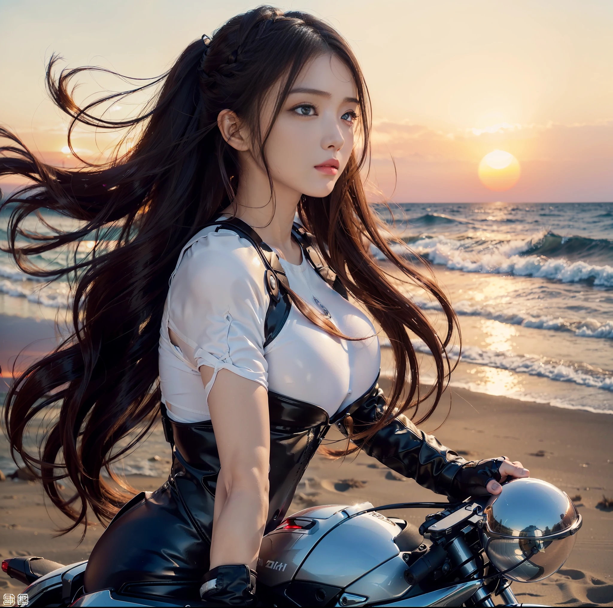 (top quality, masterpiece), 1girl, intricate details, (shading realistic lighting), huge file size, high resolution, elegant, realistic, (perfect anatomical depiction of the human body), teenage girl is stopping her motorcycle on the beach at dark sunset and looking somewhere, serious expression, the girl has whitening skin blue eyes and partially braided long hair is a brunette Japan, japanese, (the girl has very big), (the girl has super big), (the girl has a thin waist), (the girl has thin thighs), (the girl has a ), ((the girl wears a white bodysuit with smooth thin fabric)). (The girl's bodysuit has very cramped breasts), (The girl's white bodysuit has crimson lines on the outside of her limbs), (The girl wears a white bodysuit, red-white boots and gloves so she can't see any skin except her face), (The girl's bodysuit crushes her large breasts and spreads to the side), (Beautiful big blue eyes), (Thin and clear double eyelid lines in the eyes), ( Tear bags with glossy, plump and bright tones under the eyes), (pale blue iris), (some highlights on the iris and pupil), (red representation of the conjunctiva), (long eyelashes that are well visible), (taut swimsuit with super big), (skin and hair glistening in the setting sun from behind), (hair fluttering heavily in the strong sea breeze and shimmering in the backlight of the setting sun). ((The girl is standing in front of the motorcycle and looking into the distance)) , ((Shot showing the whole body of the girl, the motorcycle, the sea and the sunset)), The motorcycle is a one-light naikit type, holding a black helmet in one hand, behind the sun that seems to be visible on the horizon is dyed crimson, the sky has a gradient to a dark purple that is so dark that it moves away from the crimson of the horizon, a very dark scene that is almost night, strong contrast between light and shadow, perfect hands, nice hands, mirage farina,