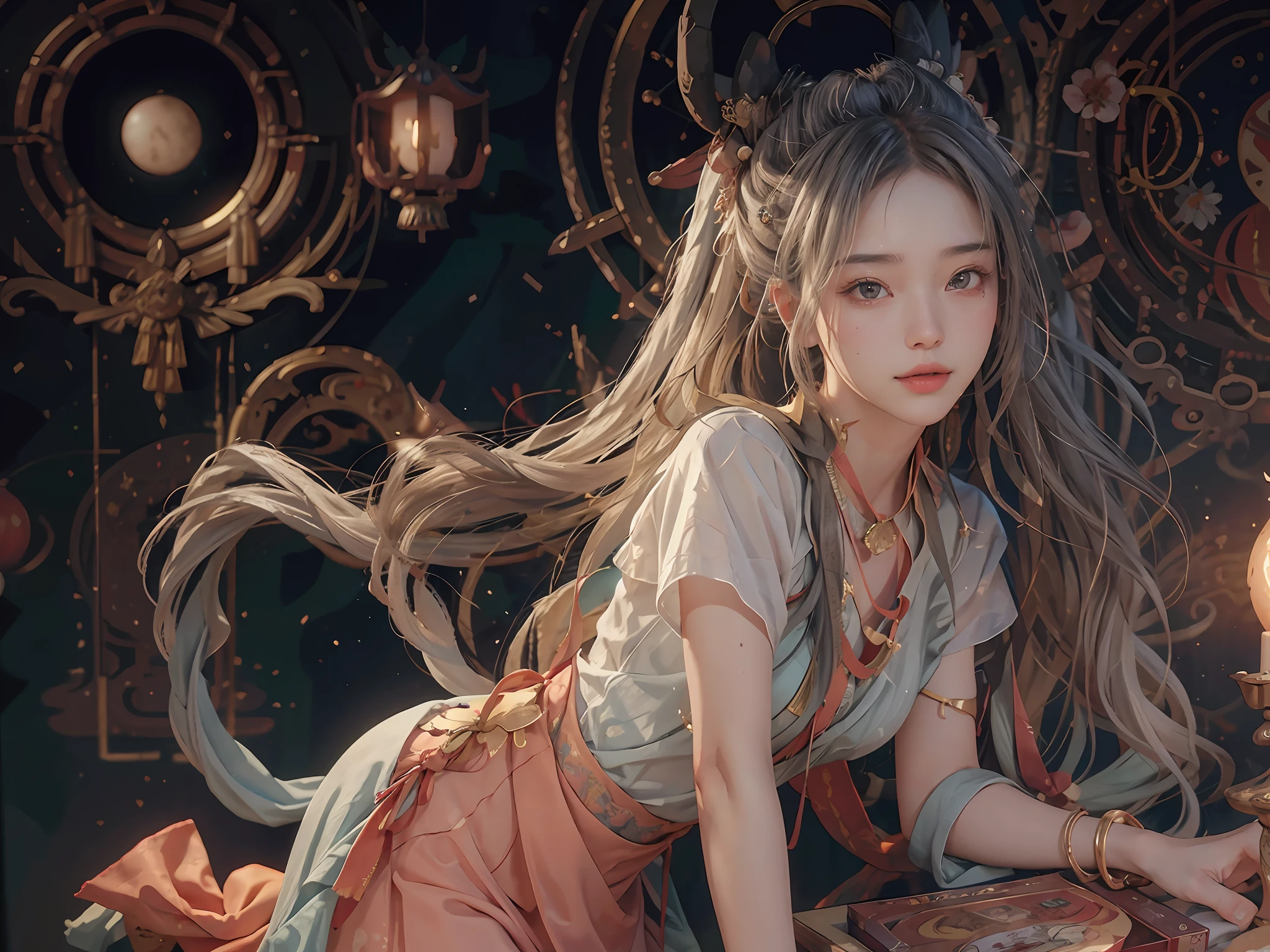 (RAW Photo, Best Quality), (Realistic, Photorealistic Real: 1.3), Best Quality, Highly Detailed, Masterpiece, Ultra Detailed, Illustration, 1 Girl, upper_body, Dynamic Angle, World Mastery Theater, messy_long_hair, Best Quality, Extremely Detailed CG Uniform 8k Wallpaper, Ink, Amazing, Sexy, Peach Blossom Eyes, Gray Hair, Smile, Movie Lights, lens_flare, dunhuang_style