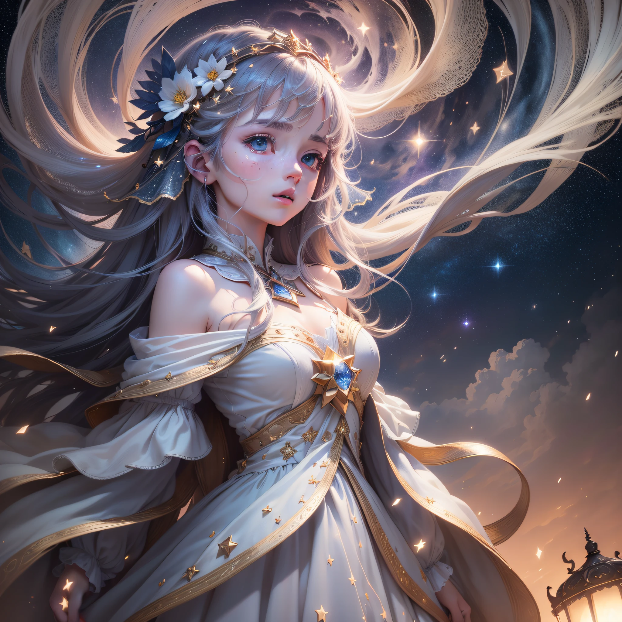 (extremely detailed CG unity 8k,masterpiece, best quality, ultra-detailed),(best illumination, best shadow, an extremely delicate and beautiful),starry night sky with full moon,shooting stars/constellations,(1girl),long hair blowing in the wind, white dress,floating on a cloud, magical and dreamy atmosphere.