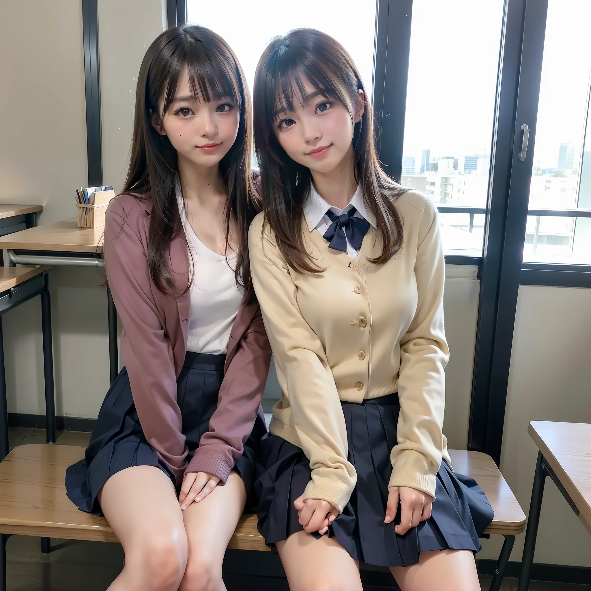 1 girl, best quality, facial focus, soft light, (depth of field), ultra high res, (photorealistic: 1.4), RAW photo, (upper knees: 1.4), (side) 1Japanese girl, solo, handsome, (shy, smile: 1.1), (brown eyes), detailed beautiful face, (long hair), High school classroom, (seated chair), (school uniform: 1.4, navy skirt, navy Blazer)