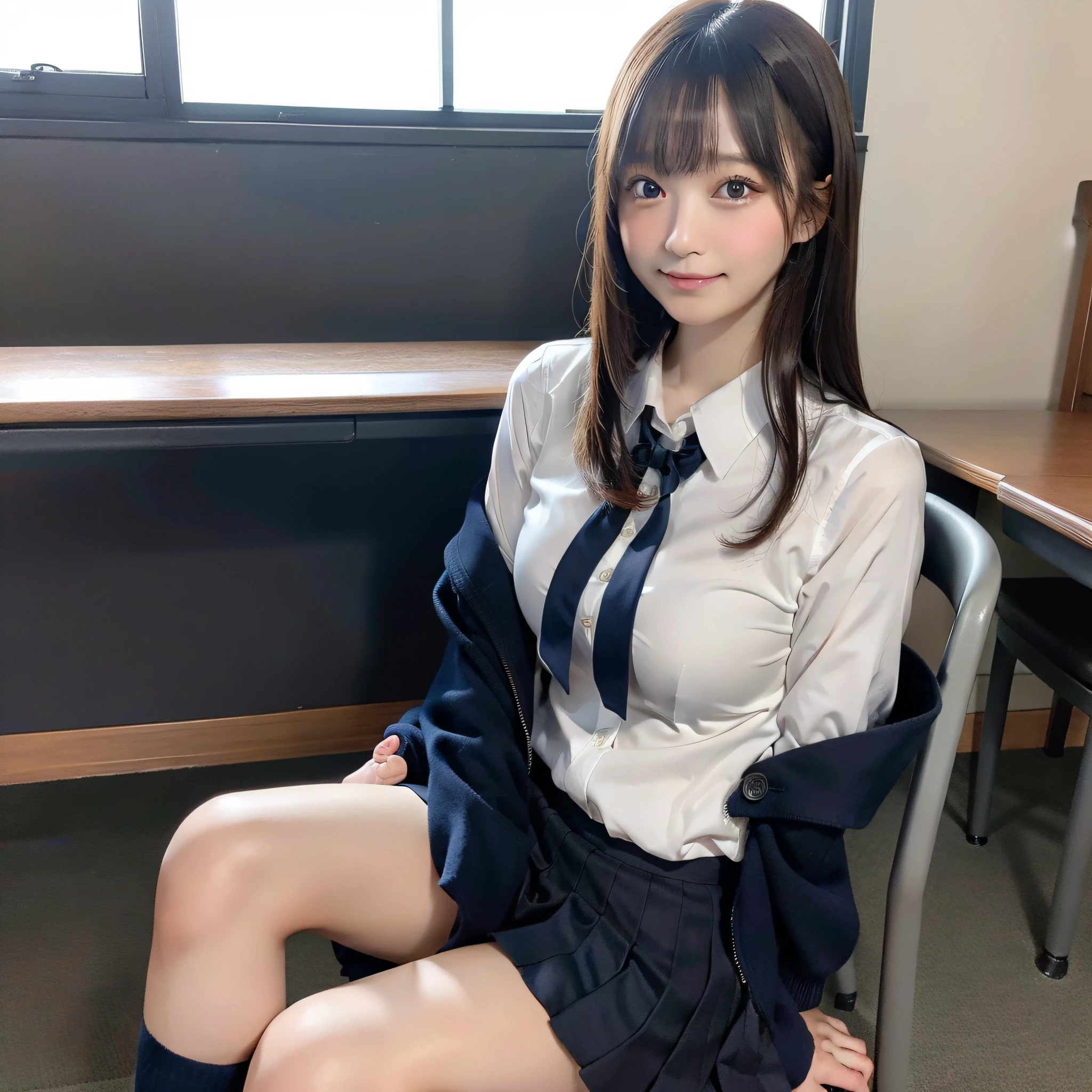 1 girl, best quality, facial focus, soft light, (depth of field), ultra high res, (photorealistic: 1.4), RAW photo, (upper knees: 1.4), (side) 1Japanese girl, solo, handsome, (shy, smile: 1.1), (brown eyes), detailed beautiful face, (long hair), High school classroom, (seated chair), (school uniform: 1.4, navy skirt, navy Blazer)