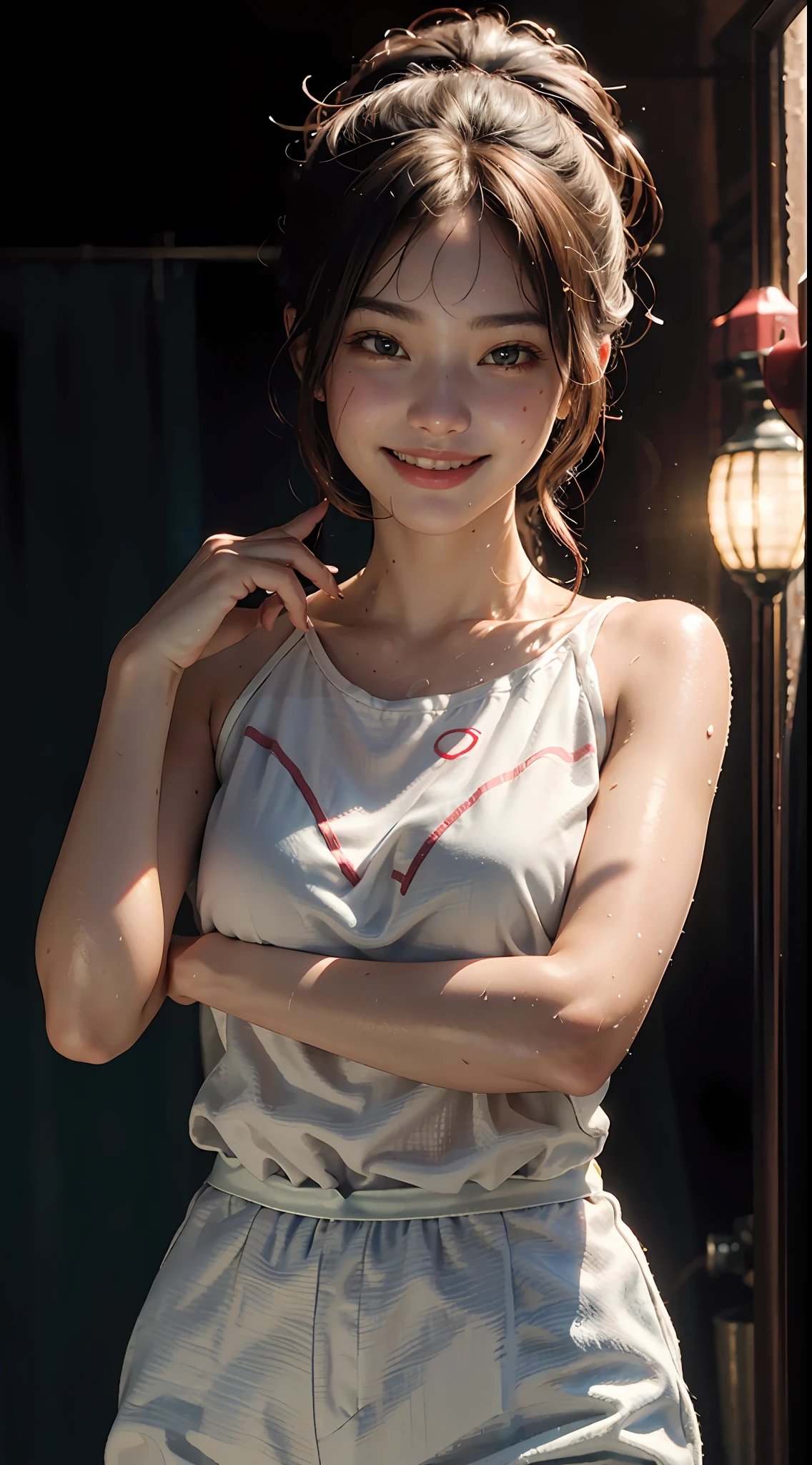 Top quality, masterpiece, ultra high definition, (Reality: 1.4), Original photo, 1Girl, cinematic lighting, smile, bright, photo-like, sweaty, face red, pose to take photo