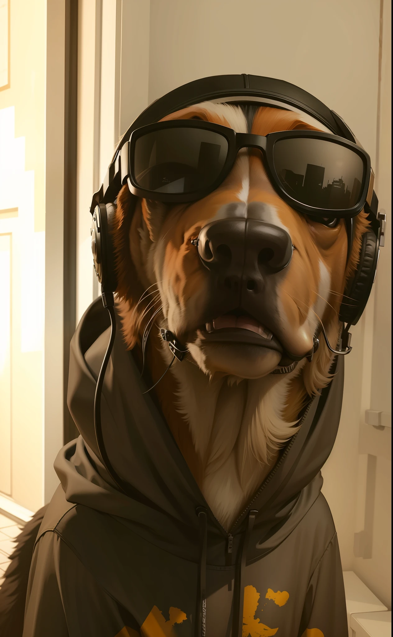 brave dog hooded sunglasses realistic headset, artwork, masterpiece, high contrast, --auto --s2