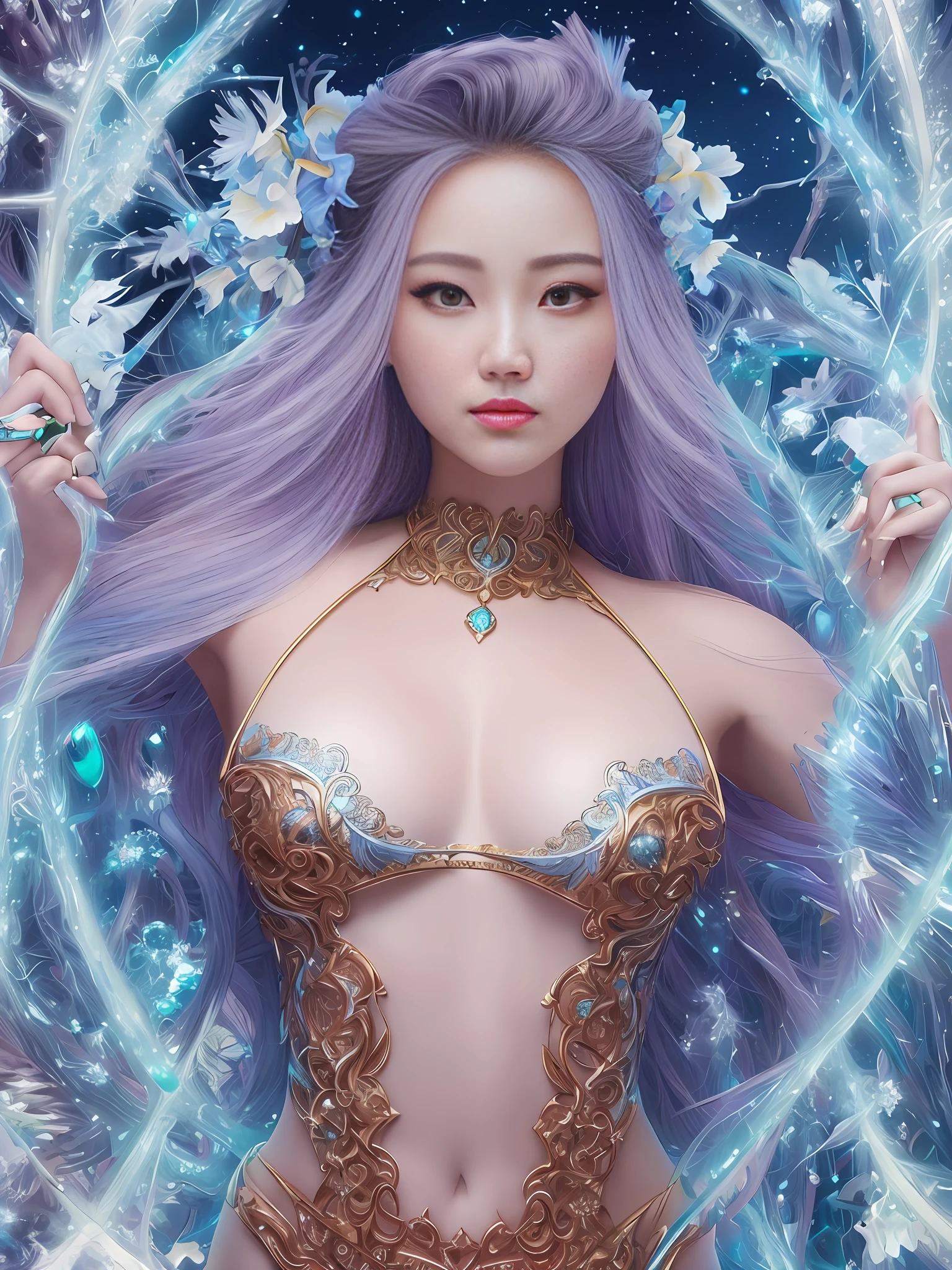 (Dreamshaper model), masterpiece, best quality, magnificent art, Adobe Illustration, Trand on Artstation, 8k, hd, cool and soft lighting, intricate close-up portrait of the Goddess of Winter and the decadence of Nature. Detailed drawing of brush pen by Kim Jung Gi, (symmetrical face, super detailed and beautiful), (magnificent eyes, well detailed, vibrant, sweet iris), soft skin like peach silk, -, --q 500