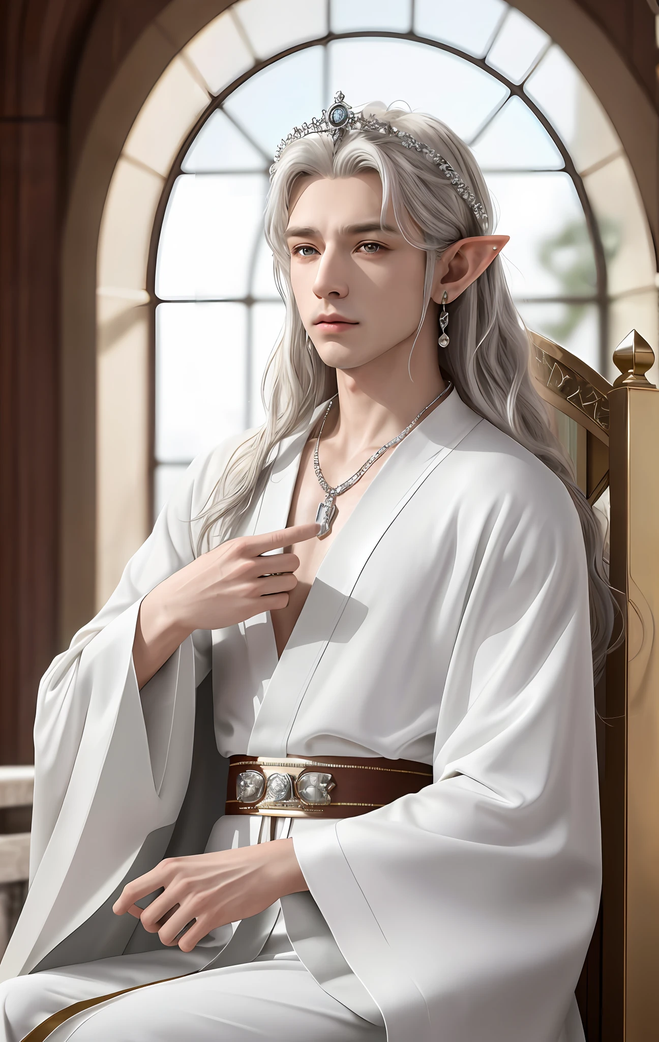 8k resolution, ultra-fine details, fine picture, masterpiece, high quality, 1 men's solo, necklace, realistic, (high detail skin: 1.2), elf king, full body photo, silver long hair, elf ears, stud earrings, elf mage robe, handsome face, cold expression, highly fine luxury white robe sitting on the throne