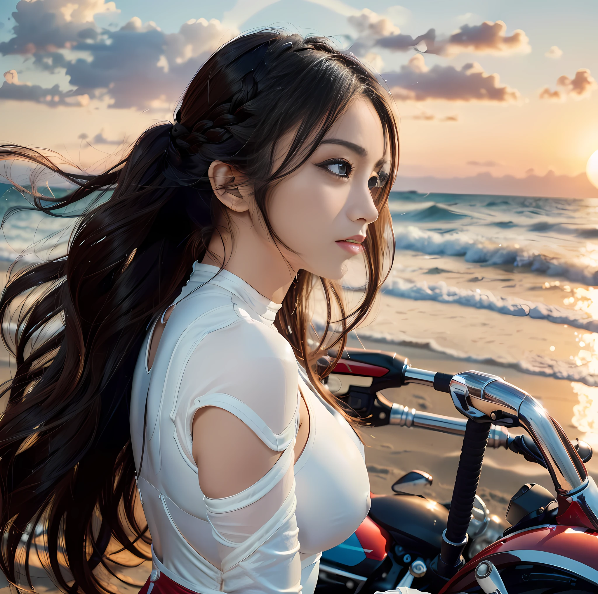 (top quality, masterpiece), 1girl, intricate details, (shading realistic lighting), huge file size, high resolution, elegant, realistic, (perfect anatomical depiction of the human body), teenage girl is stopping her motorcycle on the beach at dark sunset and looking somewhere, serious expression, the girl has whitening skin blue eyes and partially braided long hair is a brunette Japan, japanese, (the girl has very big), (the girl has super big), (the girl has a thin waist), (the girl has thin thighs), (the girl has a baby face), ((the girl wears a white bodysuit with smooth thin fabric)). (The girl's bodysuit has very cramped breasts), (The girl's white bodysuit has crimson lines on the outside of her limbs), (The girl wears a white bodysuit, red-white boots and gloves so she can't see any skin except her face), (The girl's bodysuit crushes her large breasts and spreads to the side), (Beautiful big blue eyes), (Thin and clear double eyelid lines in the eyes), ( Tear bags with glossy, plump and bright tones under the eyes), (pale blue iris), (some highlights on the iris and pupil), (red representation of the conjunctiva), (long eyelashes that are well visible), (taut swimsuit with super big), (skin and hair glistening in the setting sun from behind), (hair fluttering heavily in the strong sea breeze and shimmering in the backlight of the setting sun). ((The girl is standing in front of the motorcycle and looking into the distance)) , (shot showing the whole body, the motorcycle, the sea and the sunset), The motorcycle is a one-light naikit type, Holding a black helmet in one hand, The sun is dyed crimson on the horizon behind it, the sky has a gradient to a dark purple that is darker as it moves away from the crimson of the horizon, a very dark scene that is almost night, strong contrast between light and shadow, perfect hands, nice hands, mirage farina,