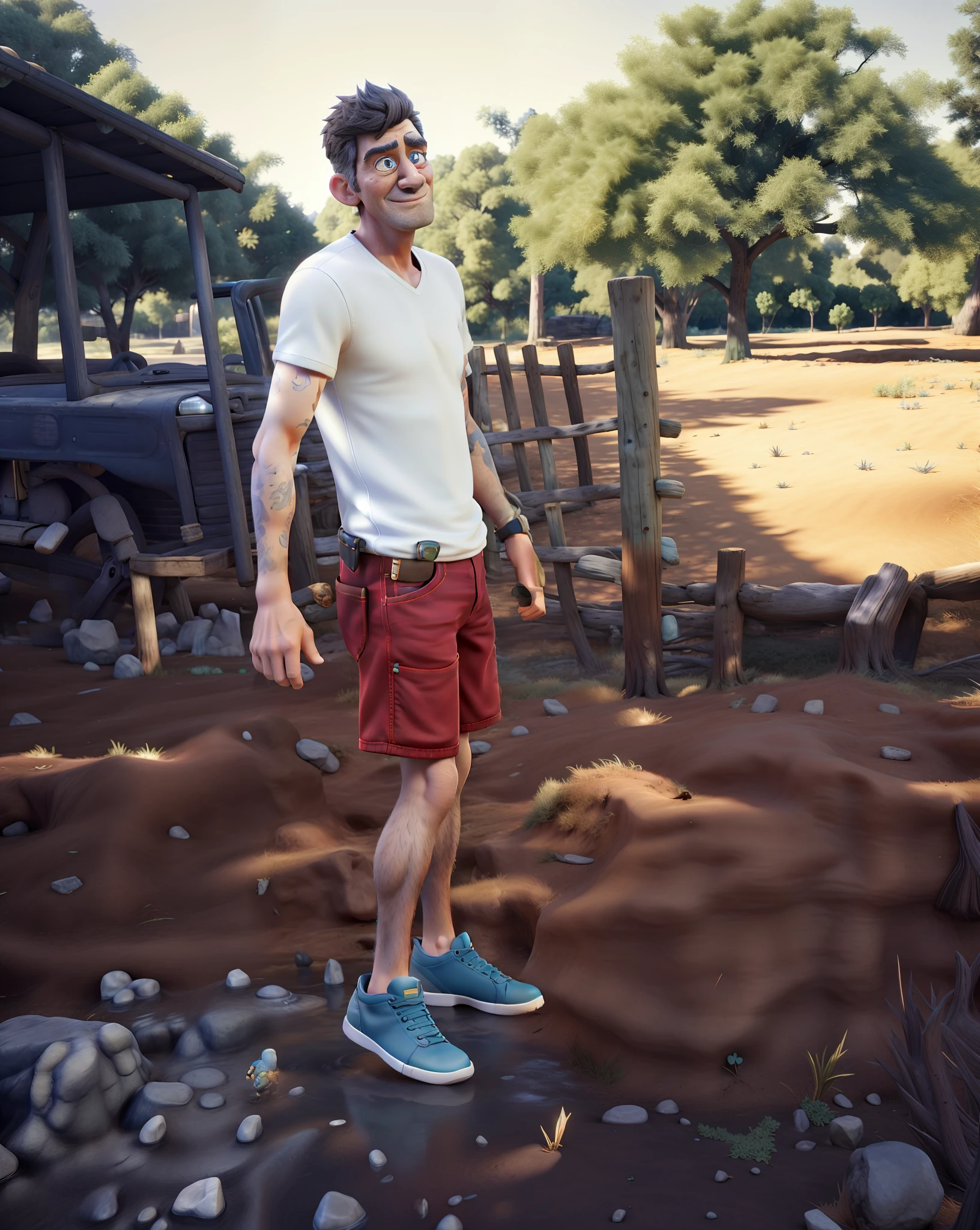 "Masterpiece, great quality, ultra realistic in high definition 8k, with an elderly man in black clothes, jeans and white sneakers in the park, natural environment, dynamic scenery, wonderful balance of light and shadow." senior 3D rendering artist, realistic afternoon lighting, realistically clothing, realistic 3D character, tall farmer, inspired by senior environmental artist, old CGI 3D rendered Bryce 3D, highly detailed character, small character. Unreal Engine 5, hyper-detailed full-body shooting, semi-realistic rendering, casual pose, super face detailing big blue eyes