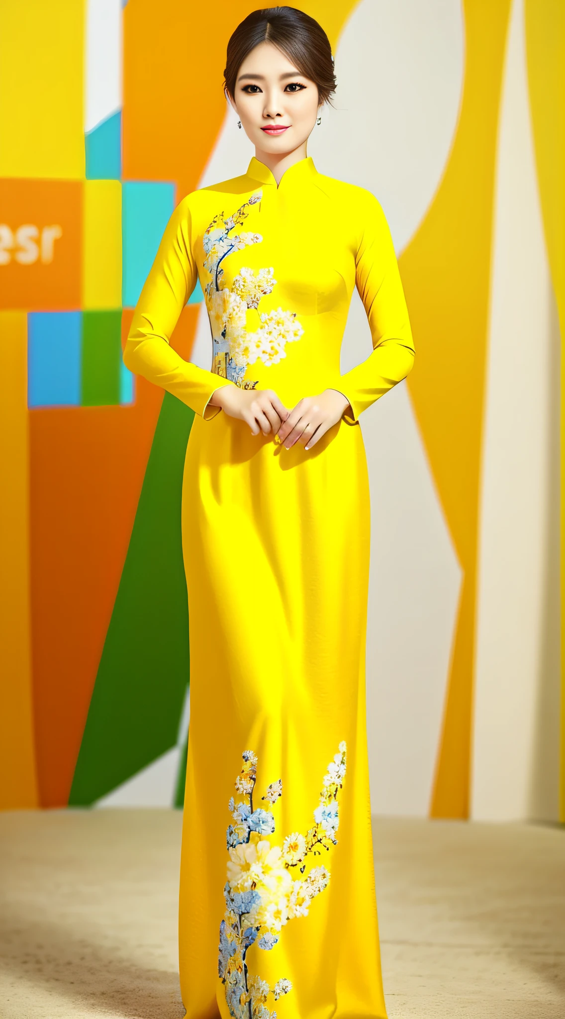 a photo of  a women in yellow aodai with flower pattern on it,best quality, masterpiece,(realistic:1.2)