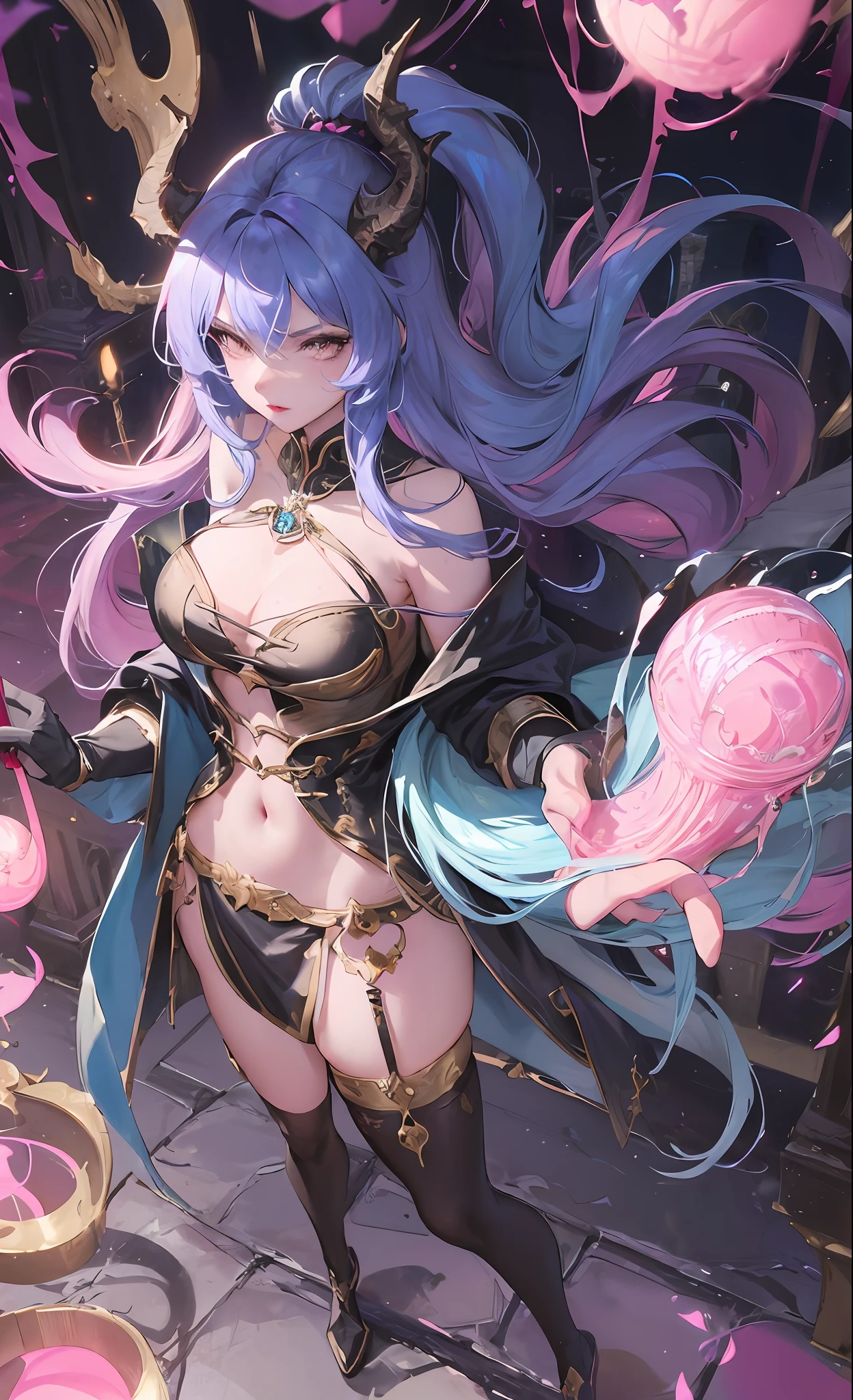 Masterpiece, Superb Hair, Blue Pick-and-Dye Hair, 1 Female, Single, Mature Woman, Dragon Princess, Sister, Royal Sister, Pair of Dragon Horns and Dragon Wings, Black Stockings, Super Long Hair, Light Pink Lips, Calm, Heroic and Sassy, Three Bands, Cool Background, Temple Background, Elegant Western European Medieval Style, Gothic Church