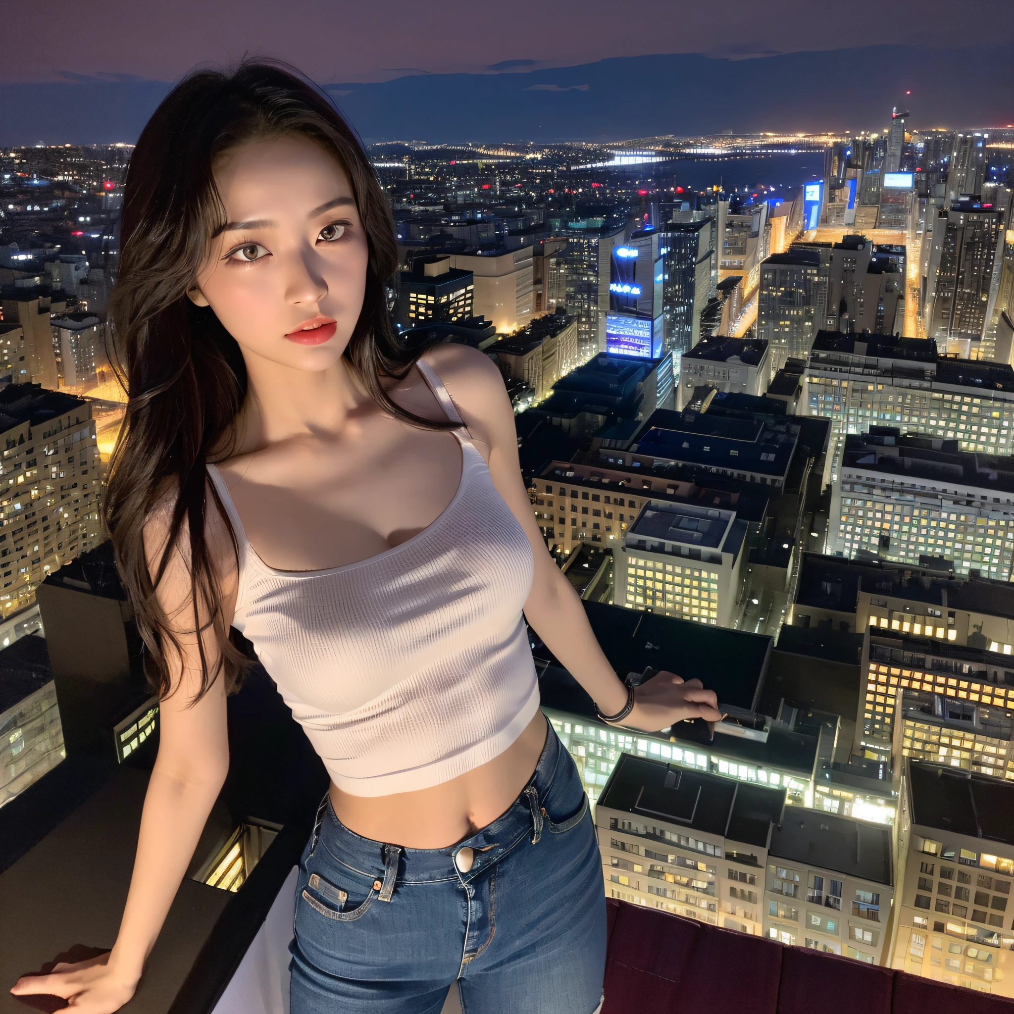 ((Midnight, Excellent, 8K, Masterpiece:1.3)), Full body, Long legs, Focal length: 1.2, Perfect Body Beauty: 1.4, Slim Abs: 1.1, ((Burgundy, Big Breasts: 1.2 )), (White, tulle, skinny T-shirt, Translucent, open belly, denim super short hot pants, Standing: 1.2), ((City Night View, Roof: 1.3)), Highly detailed face and skin texture, Detailed eyes, Double eyelids ,Super detail,