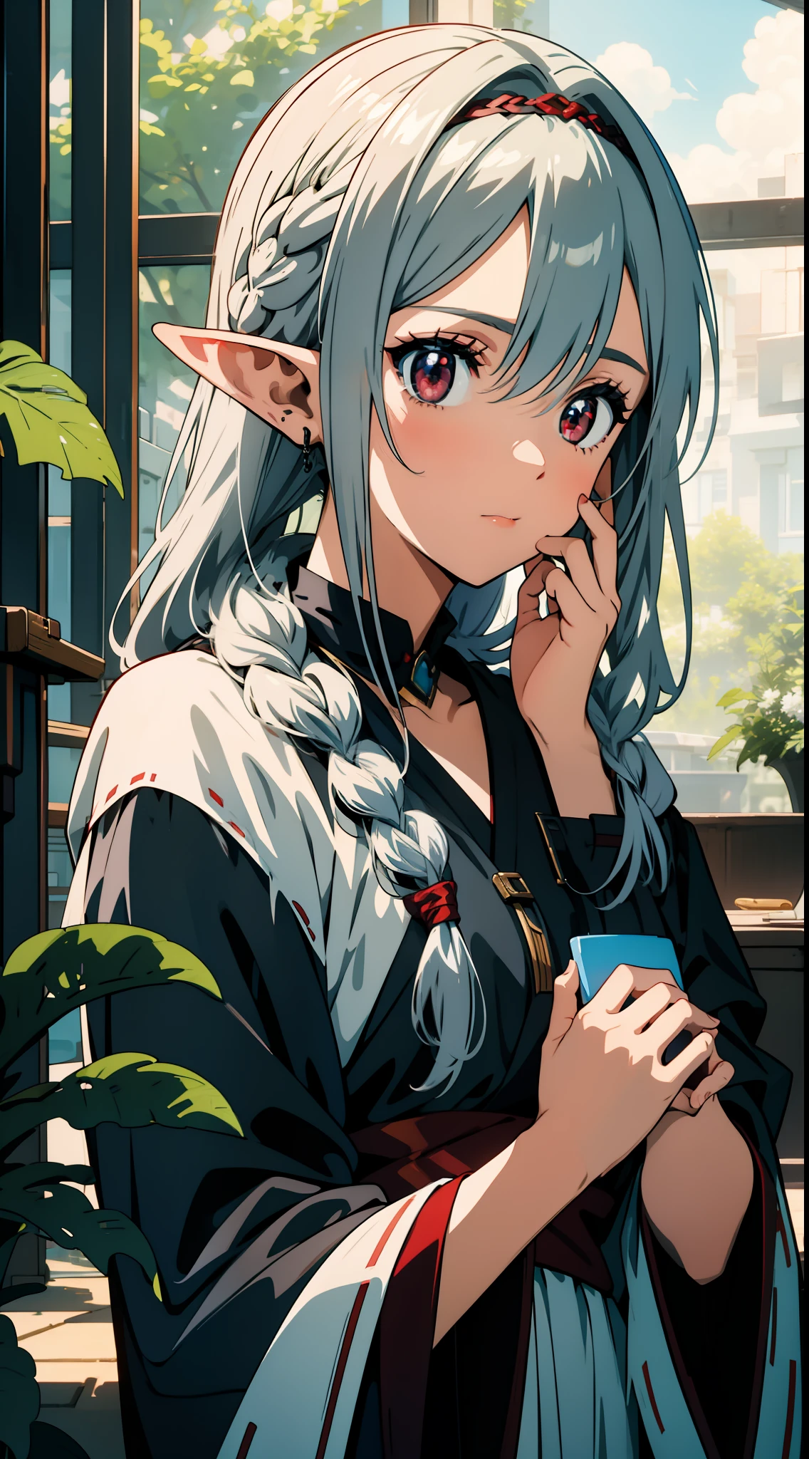 Close up portrait of one girl, elf, silver hair, red eyes, braid, putting her hands on her face, amazed, concept art, beautiful anime scene, best quality, 4K