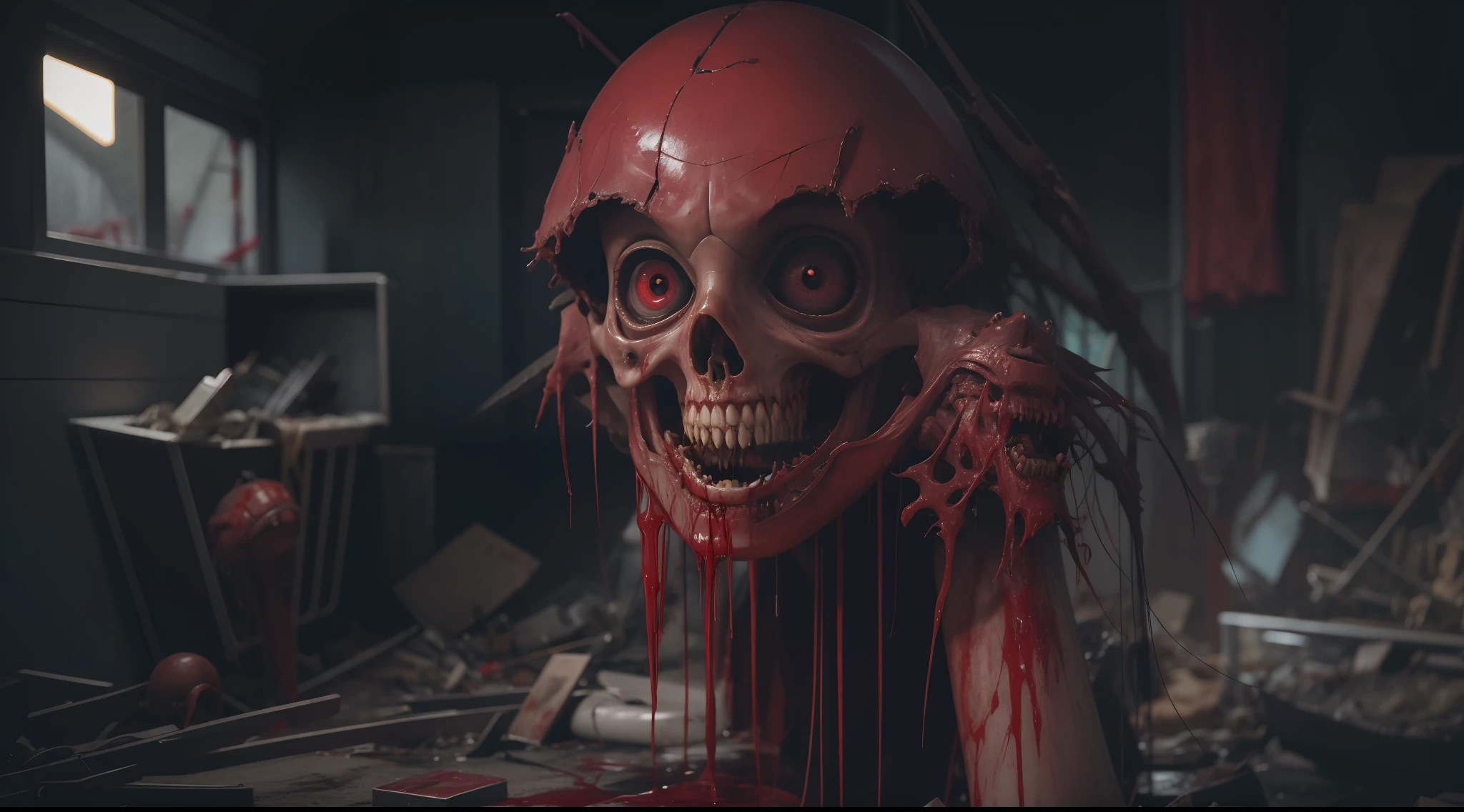 1girl ,indoors, trash, dismembered, humanoid, drooling, reelalthorror, blood, mouth, teeth, multiple legs, blood, flesh, extra eyes