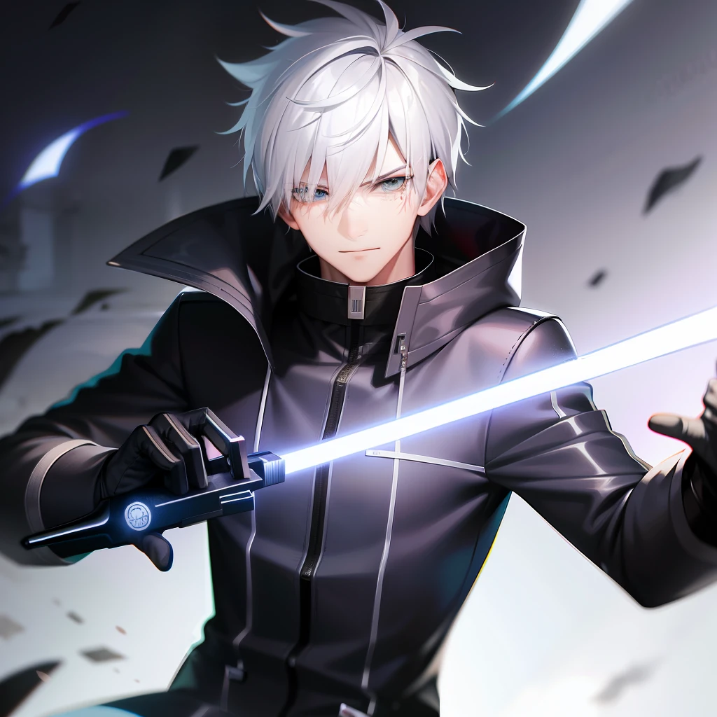 Mercenary anti-hero with white hair, gray coat and scars on face anime manga style