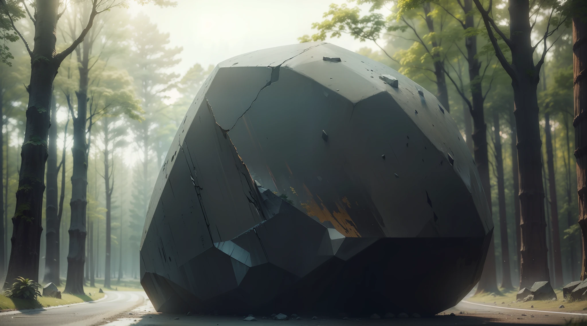 best quality, 500px, cgsociety, 8k, raw photo of (beautiful: 1.2), A giant stone on the road, forest, ambient light, backlight, volumetric lighting, realistic, realistic lighting, cinematic lighting, depth of field, sharp focus, (high contrast: 1.2), (film grain)
