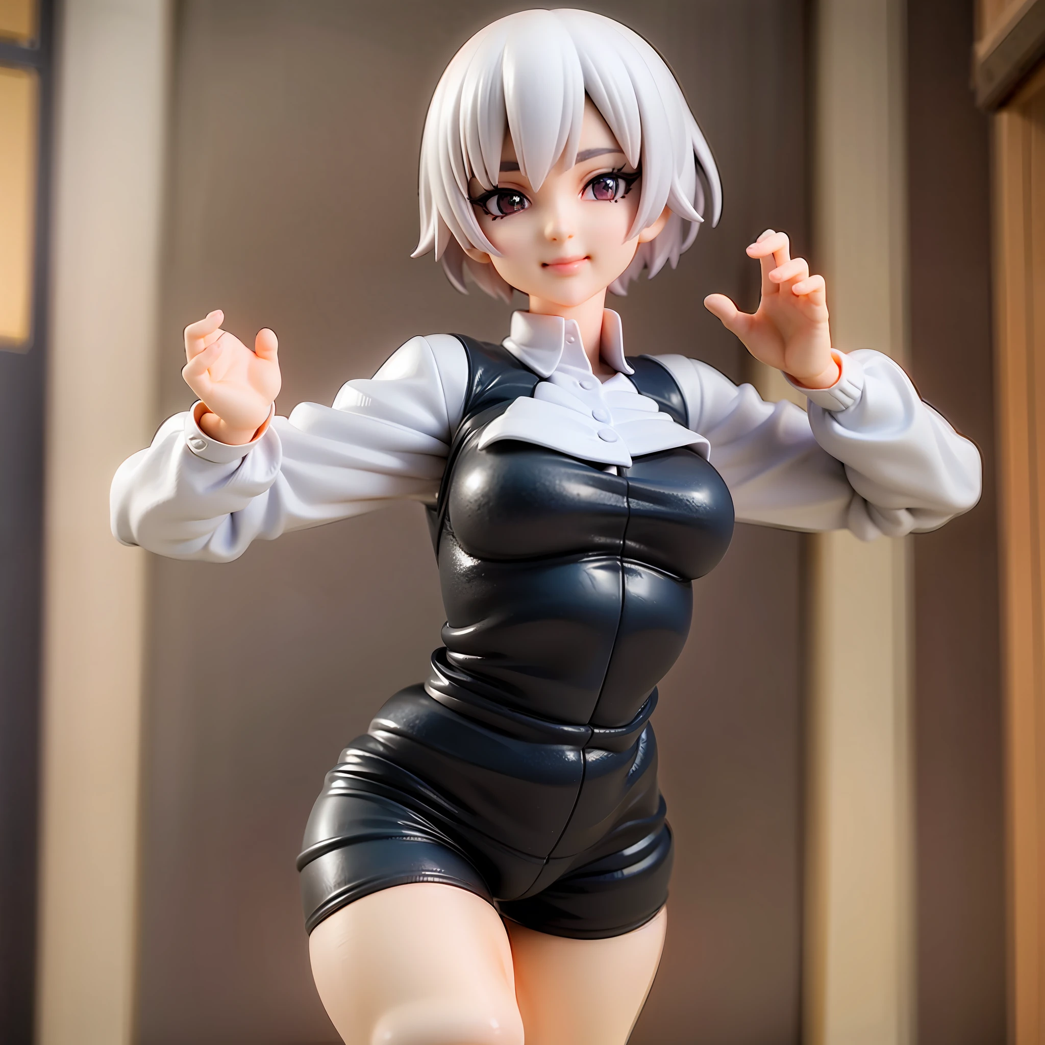 white hair, short cut,1girl,short pants, sneakers, beautiful eye, full body, dancing, looking away, black suit,[realistic], [3d], smile, closed mouth,(8k, RAW photo, best quality, masterpiece:1.2), ultra high res, photo realistic, professional lighting, detailed lighting, professional photography, high quality, high res, extremely detailed, bloom, depth of field, sketch, sharp focus, soft lighting, detailed, detailed skin, to8contrast style