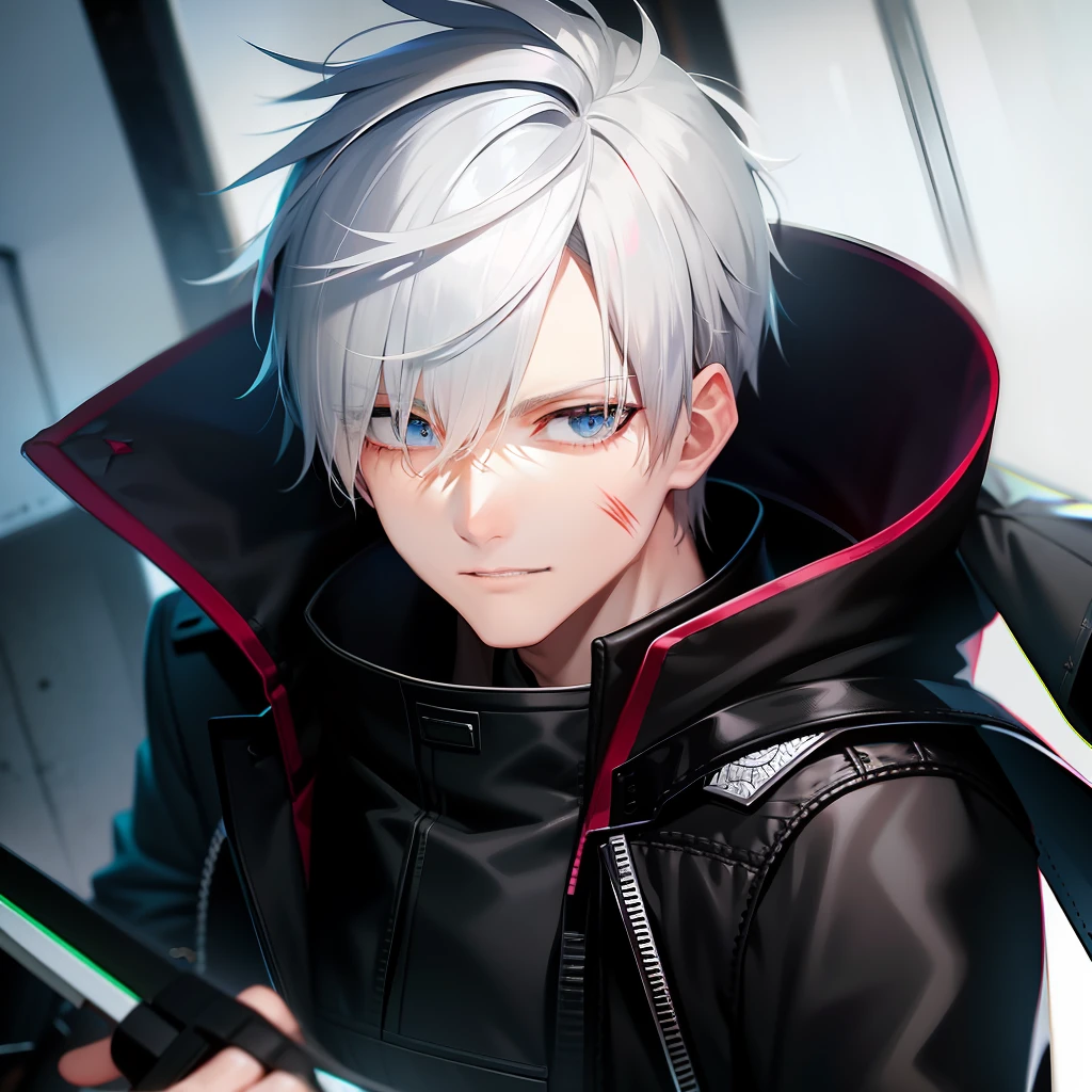 Mercenary anti-hero with white hair, gray coat and scars on face anime manga style