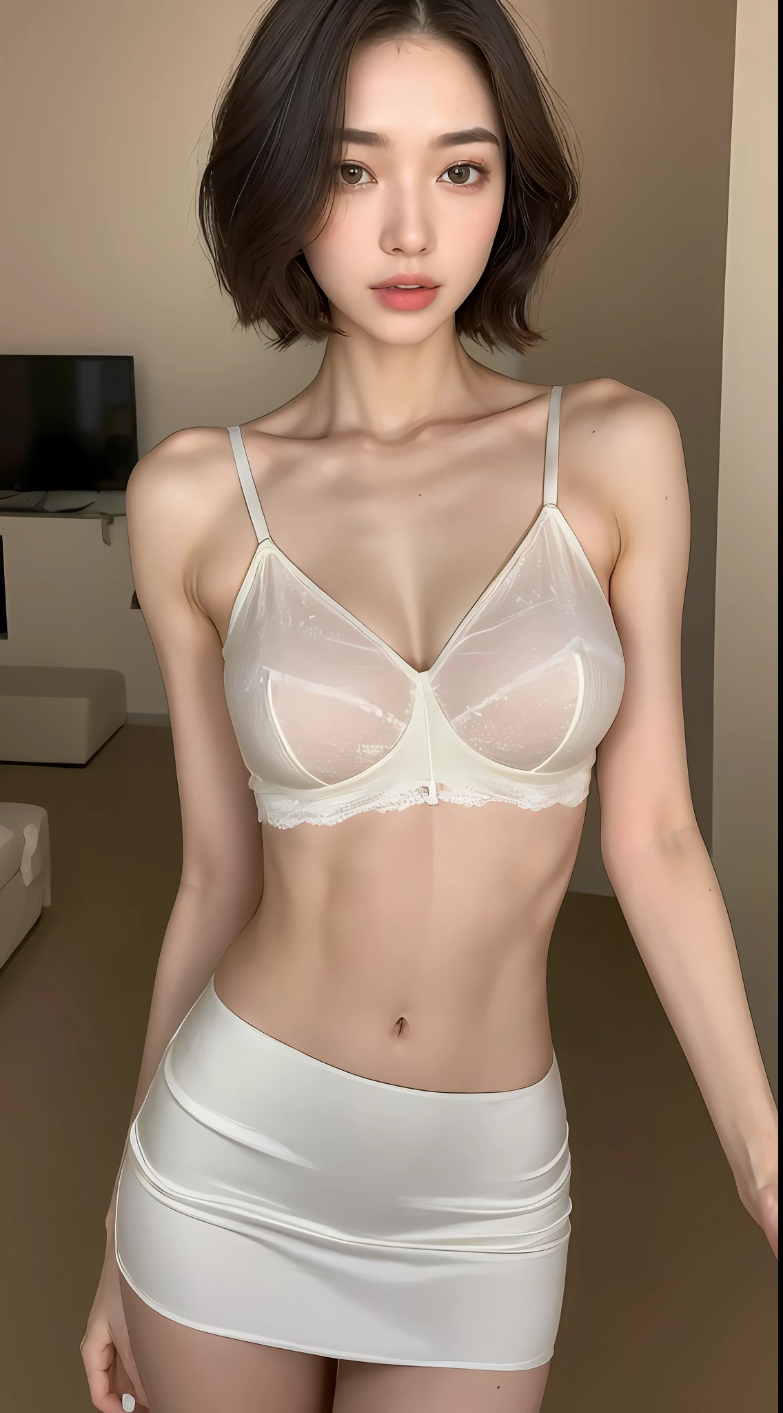 ((top quality, 8k, masterpiece: 1.3)), 1 girl, beauty with slender abs: 1.3, (medium short hair, huge: 1.2), ultra-detailed face, detailed eyes, double eyelids, bare skin, no clothes, ultra super miniskirt, posing, bra only, breasts protruding from the bra,