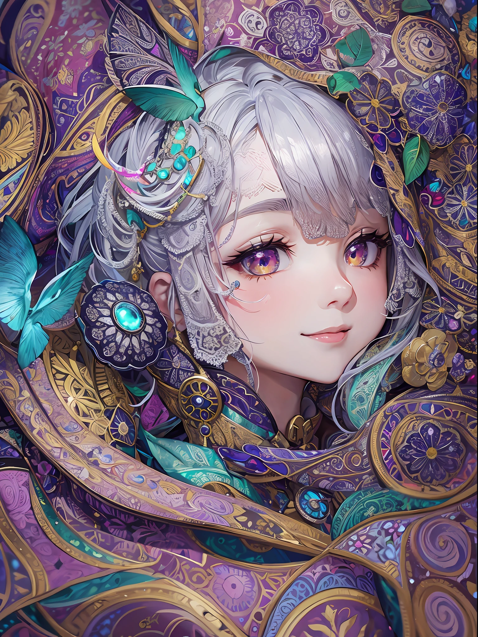 Masterpiece, High resolution, wide angle, detailed Paisley patterned wall, intricately drawn paisley pattern, deep composition, 10,000 colors, colorful, craftsmanship, (1 girl), 9 life, looking at the viewer, smiling, silver hair,, diamond ornaments, colorful decorations, backlit, grains of light fluttering, detailed Gothic, (Maximalism: 1.6), diffused lighting, ( Depth of Field: 1.3), Gothic ta, Bird's-Eye View, Light Up