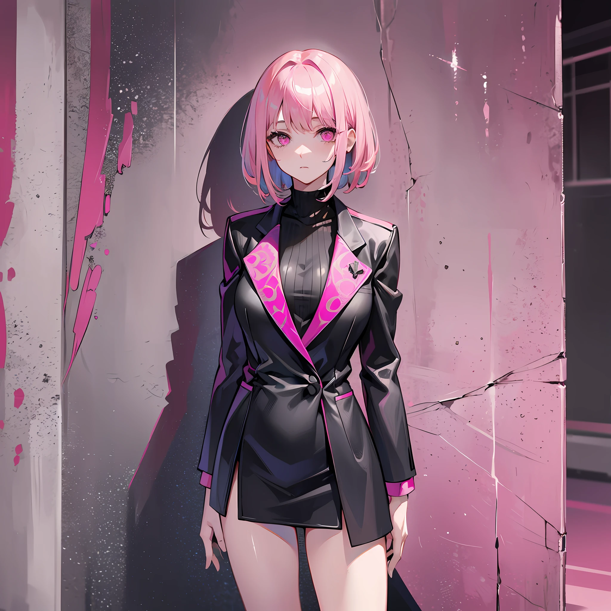 A woman, ((pink hair)), pink eyes, black suit, adult body, straight short hair,
