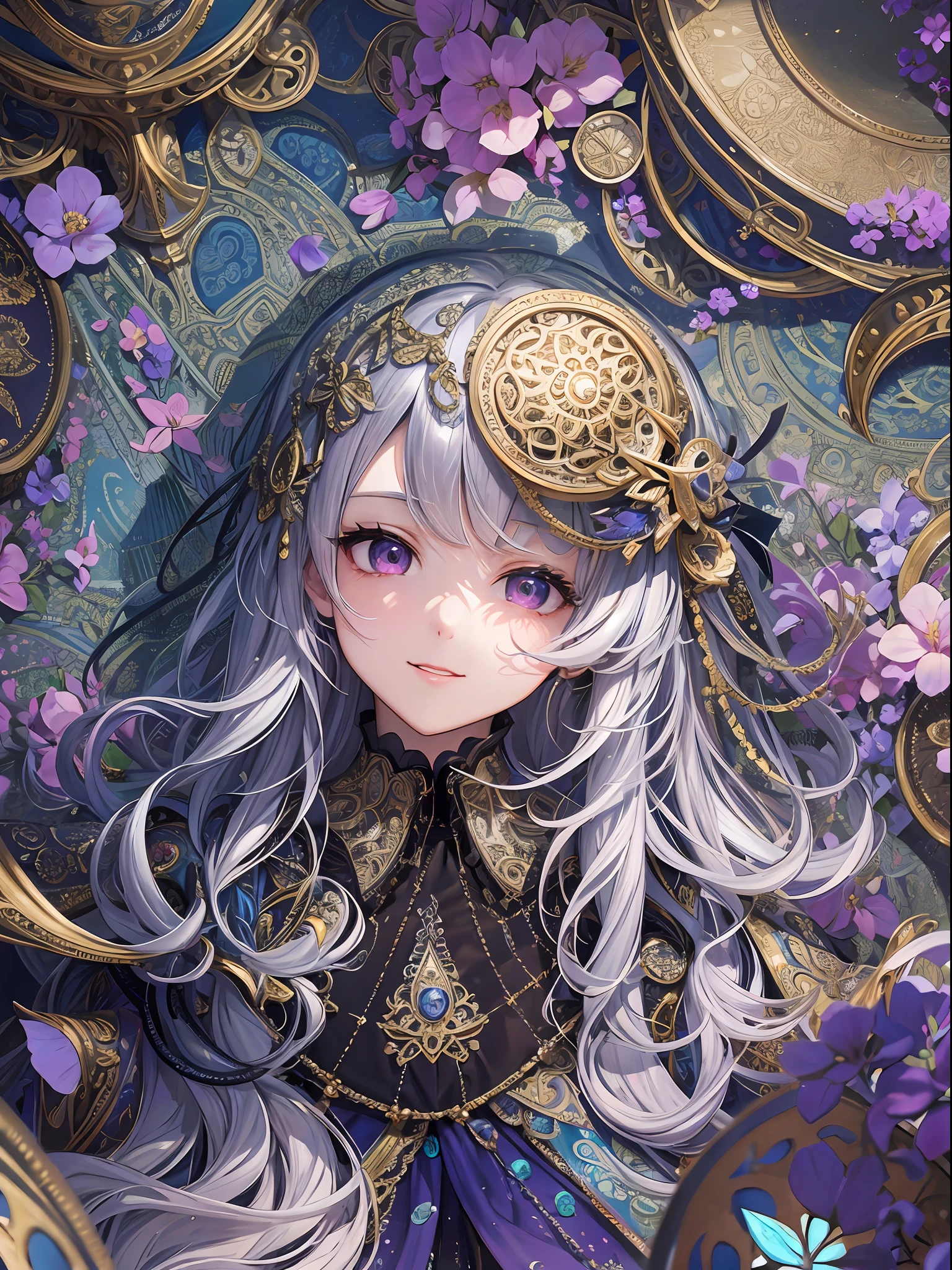 Masterpiece, High resolution, wide angle, detailed Paisley patterned wall, intricately drawn paisley pattern, deep composition, 10,000 colors, colorful, craftsmanship, (1 girl), 9 life, looking at the viewer, smiling, silver hair,, diamond ornaments, colorful decorations, backlit, grains of light fluttering, detailed Gothic, (Maximalism: 1.6), diffused lighting, ( Depth of Field: 1.3), Gothic ta, Bird's-Eye View, Light Up